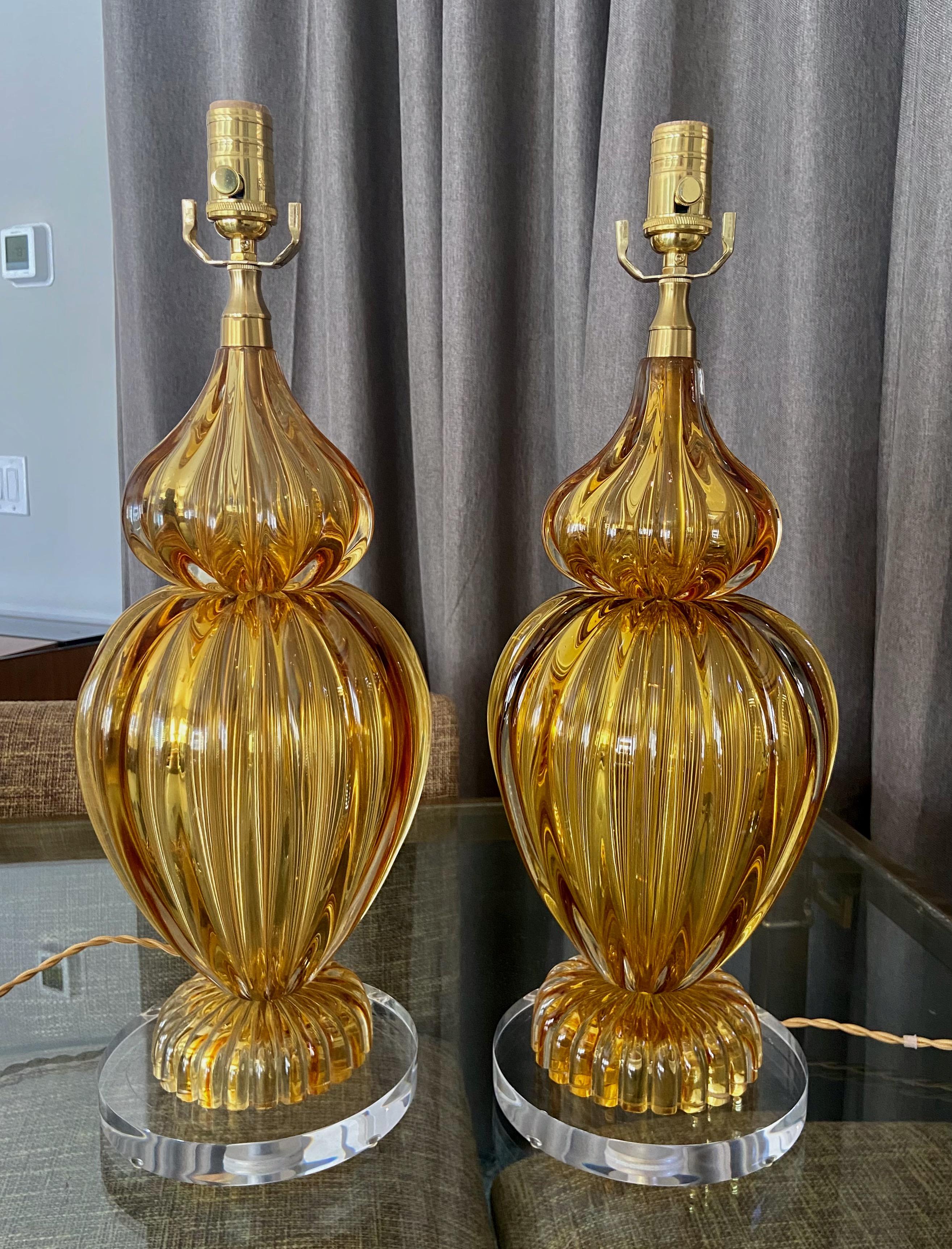 Pair Large Seguso Murano Golden Amber Table Lamps For Sale 2