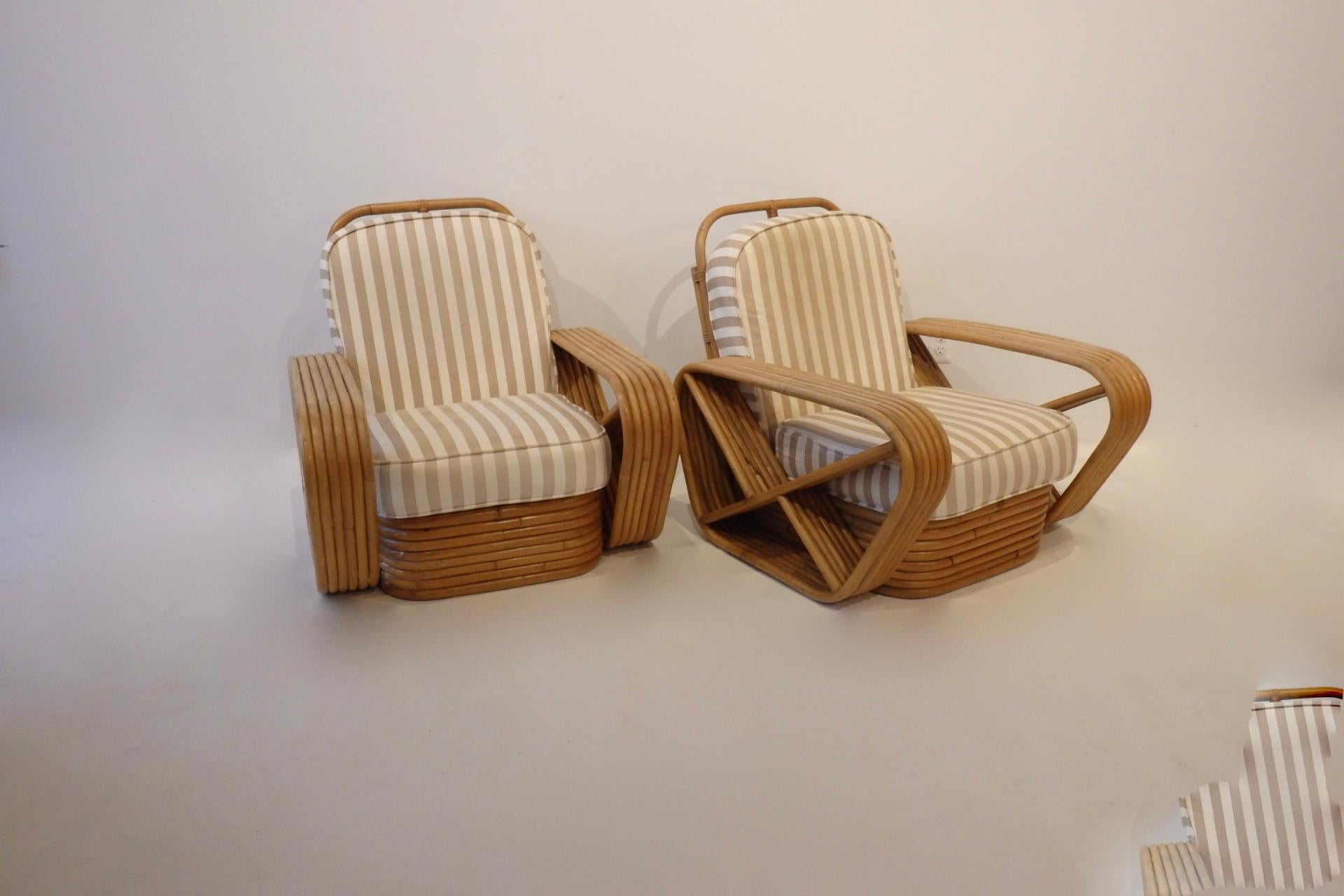 Mid-Century Modern Pair of Large Six Band Tochiku Japan Bamboo Lounge Chairs with Ottoman