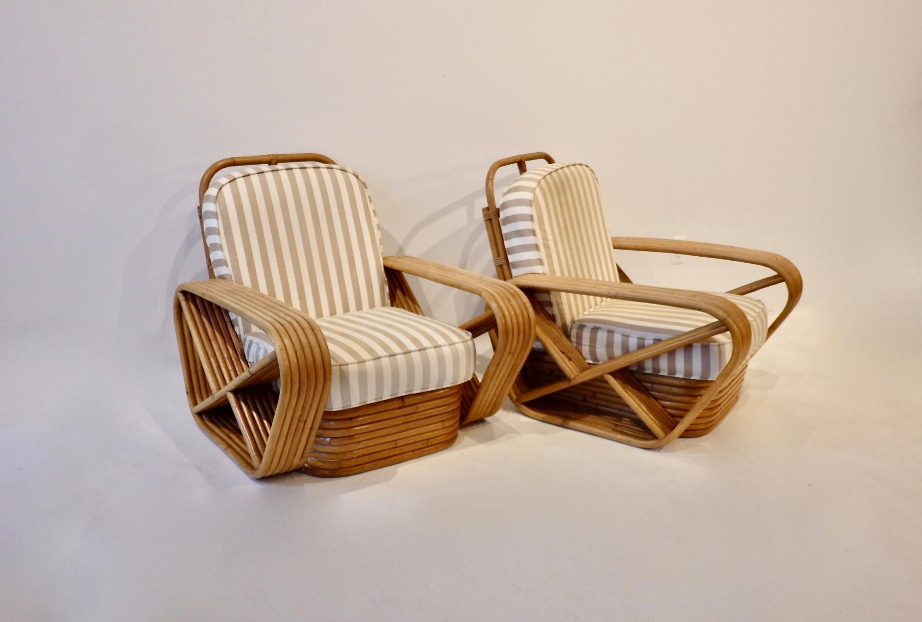 Asian Pair of Large Six Band Tochiku Japan Bamboo Lounge Chairs with Ottoman