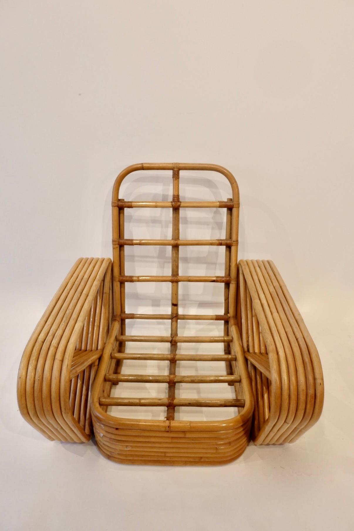 Pair of Large Six Band Tochiku Japan Bamboo Lounge Chairs with Ottoman 1