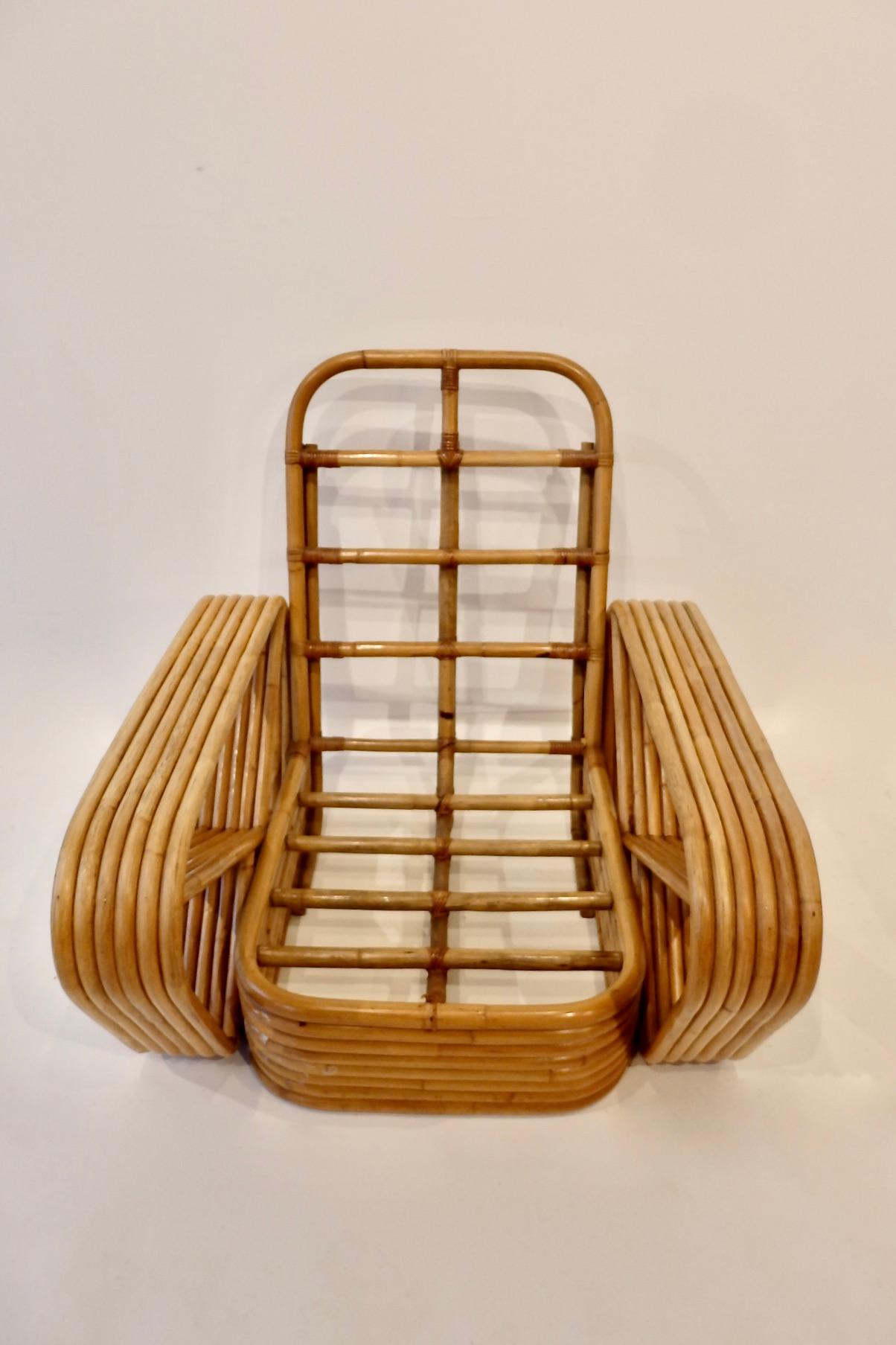 Pair of Large Six Band Tochiku Japan Bamboo Lounge Chairs with Ottoman 2