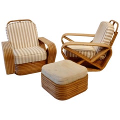 Vintage Pair of Large Six Band Tochiku Japan Bamboo Lounge Chairs with Ottoman