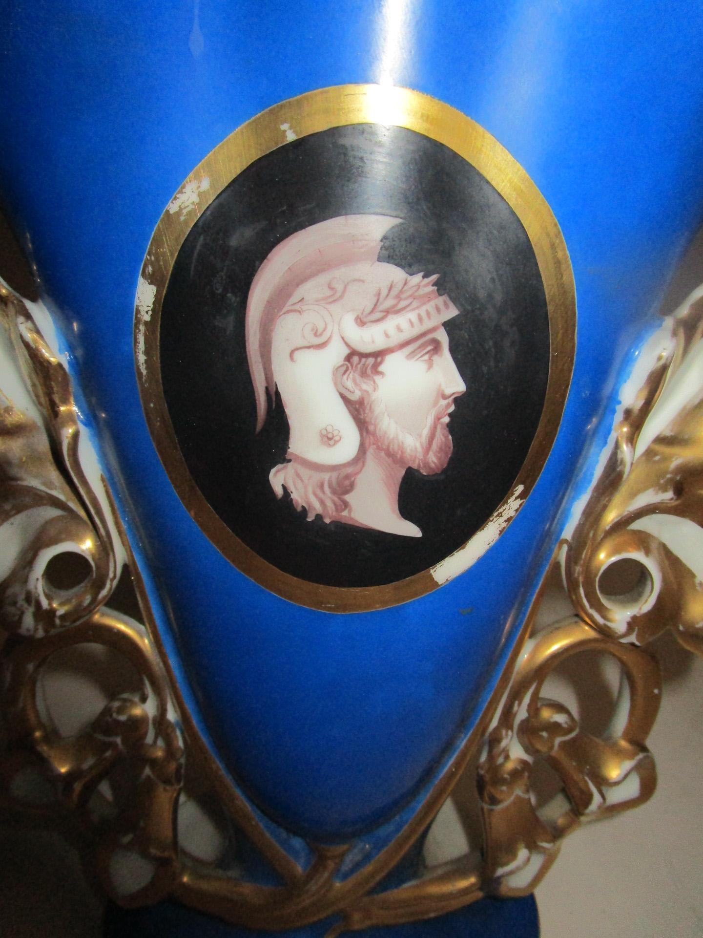 Greek Revival Pair Large Size Old Paris Cobalt Blue Mantle Vases with Classical Greek Profiles For Sale