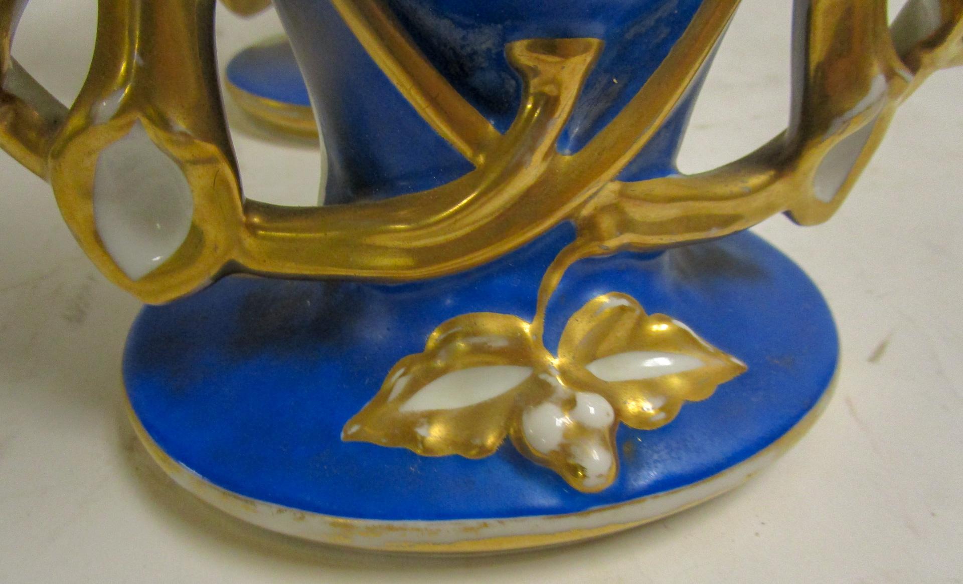 French Pair Large Size Old Paris Cobalt Blue Mantle Vases with Classical Greek Profiles For Sale