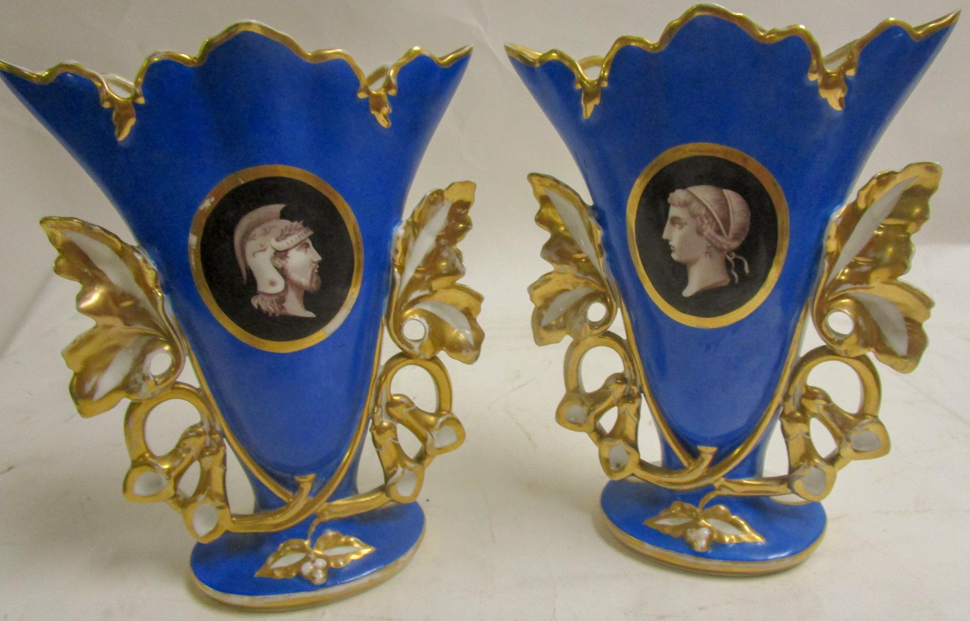 Painted Pair Large Size Old Paris Cobalt Blue Mantle Vases with Classical Greek Profiles For Sale