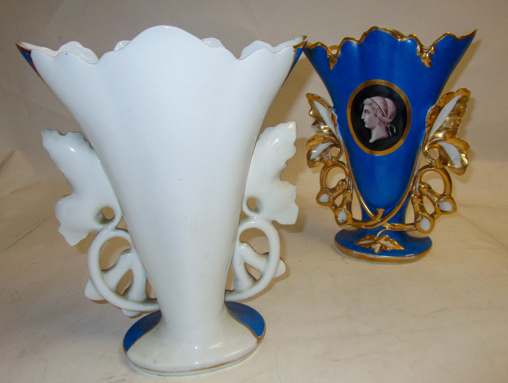 Pair Large Size Old Paris Cobalt Blue Mantle Vases with Classical Greek Profiles In Good Condition For Sale In Savannah, GA