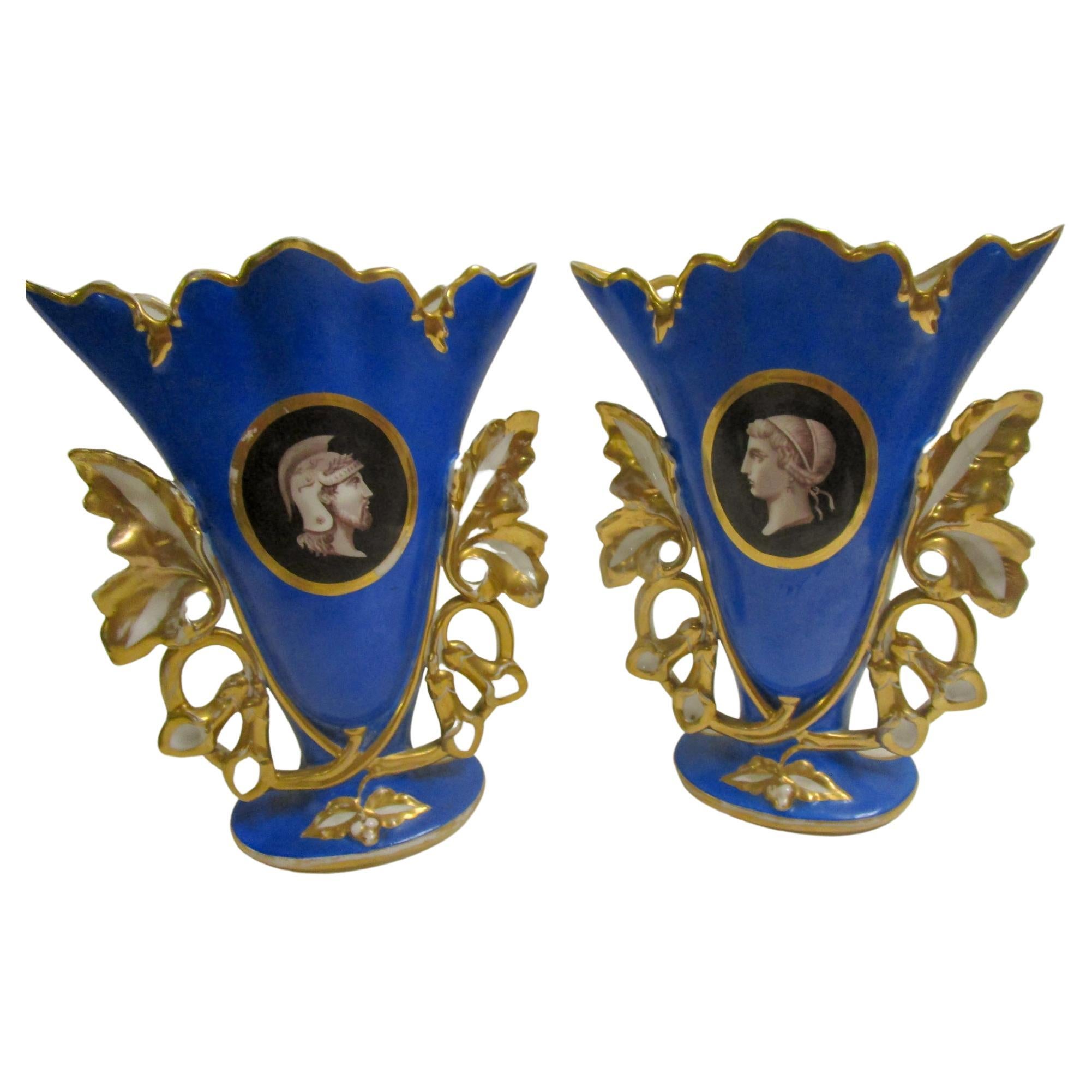Pair Large Size Old Paris Cobalt Blue Mantle Vases with Classical Greek Profiles