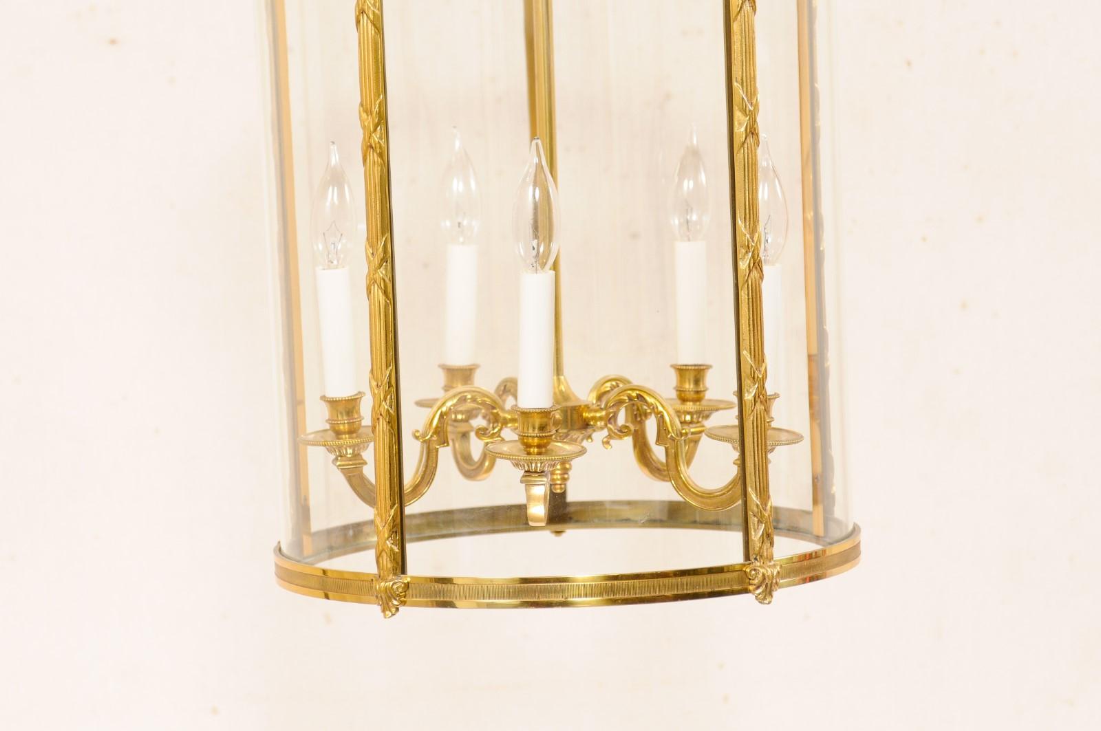 20th Century Pair Large-Sized English Adam Style 5-Light Brass Hanging Lanterns
