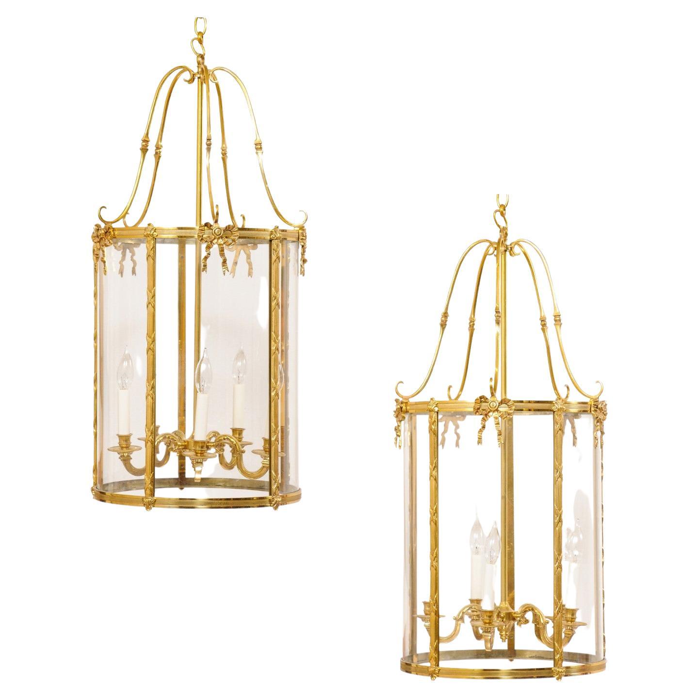 Pair Large-Sized English Adam Style 5-Light Brass Hanging Lanterns