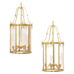 Pair Large-Sized English Adam Style 5-Light Brass Hanging Lanterns