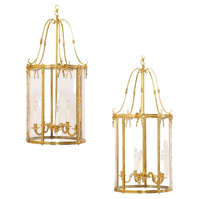 Pair LargeSized English Adam Style 5Light Brass Hanging Lanterns For