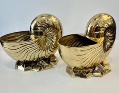 Pair Large  Solid Brass Nautilus Shell Bottle Coolers or Planters