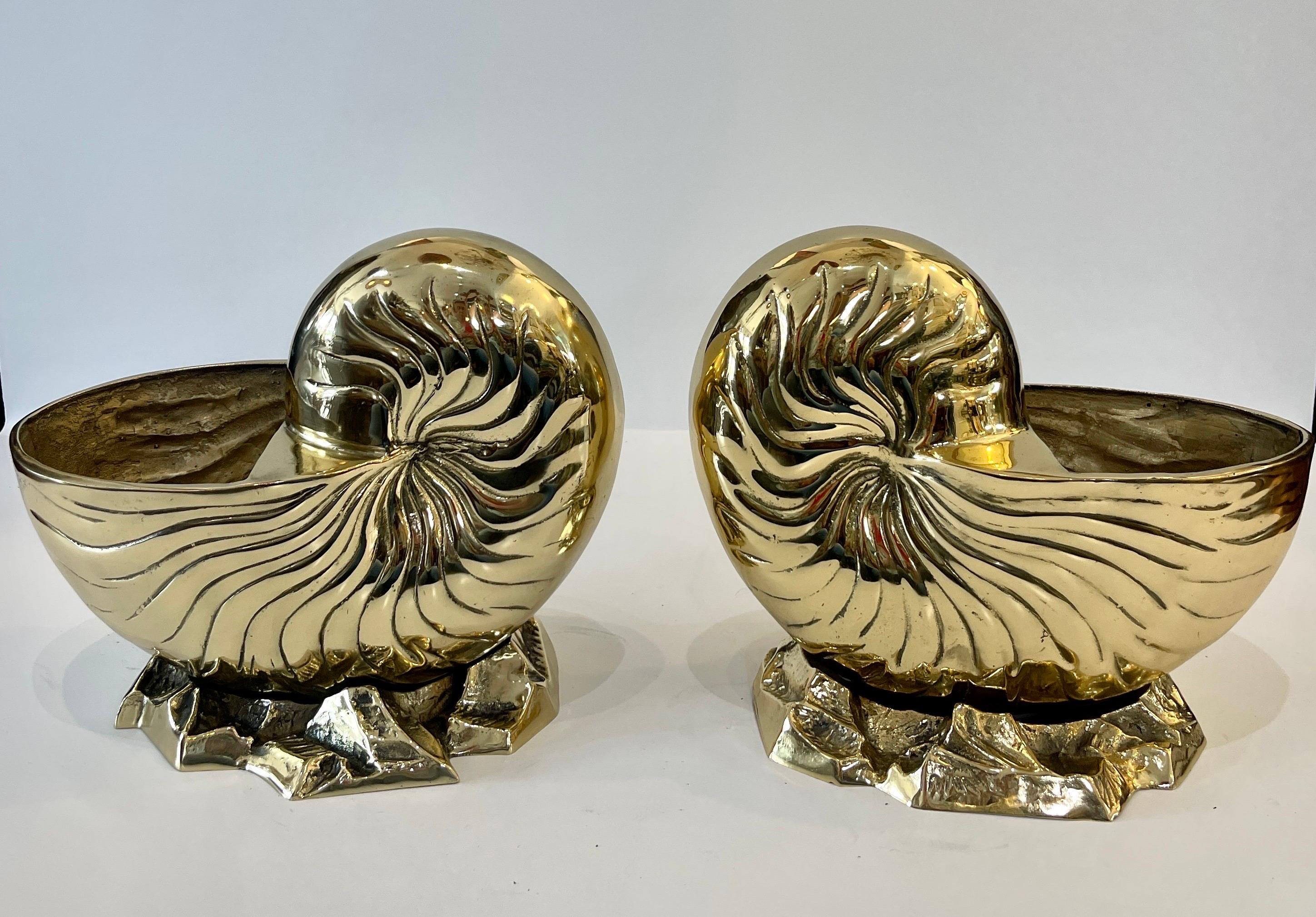 Paar Groß  Nautilus Shell Flaschenkühler oder Pflanzgefäße aus massivem Messing (Moderne der Mitte des Jahrhunderts) im Angebot