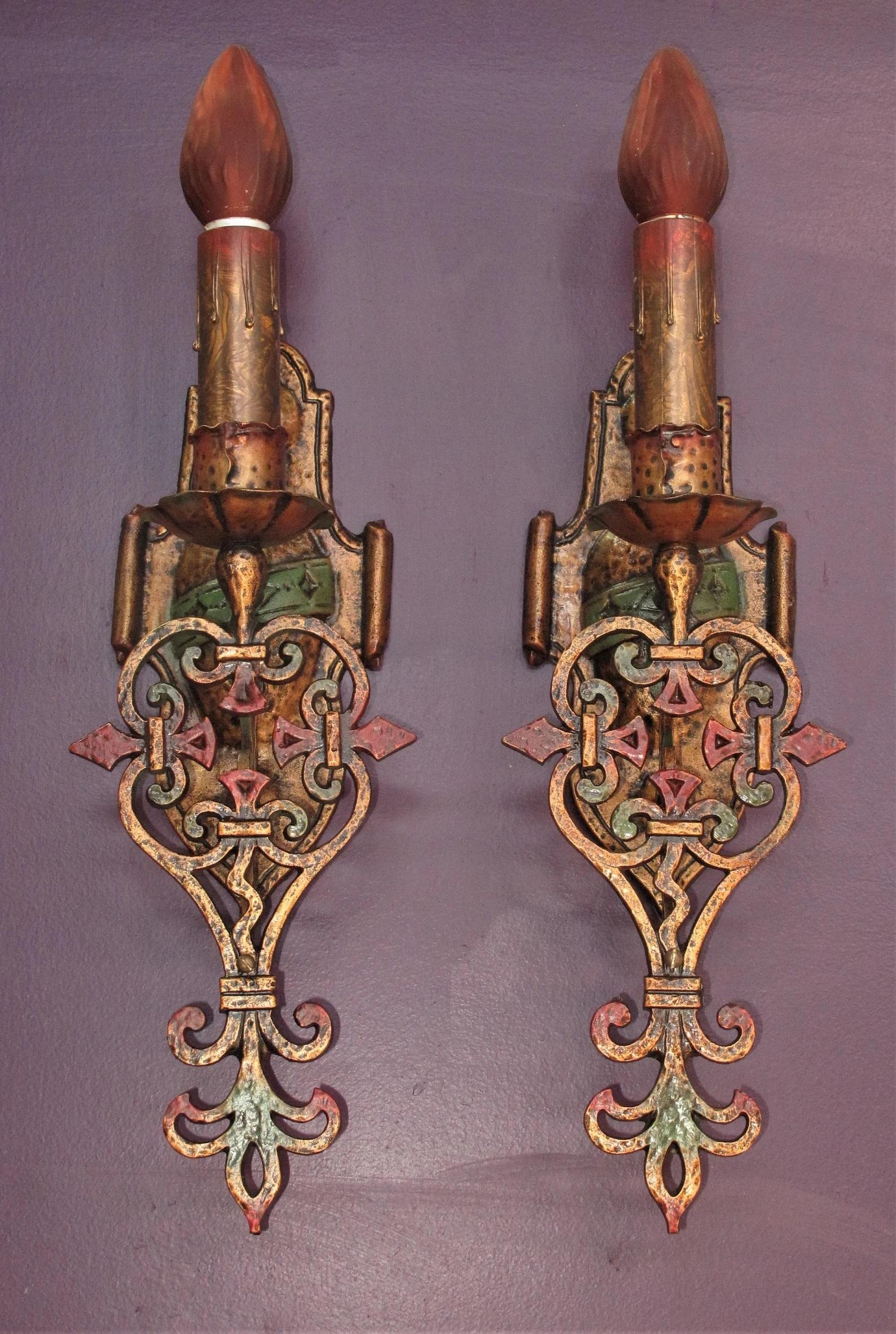 Iron Six Large Spanish Revival Sconces, meticulously restored!  Priced per pair For Sale