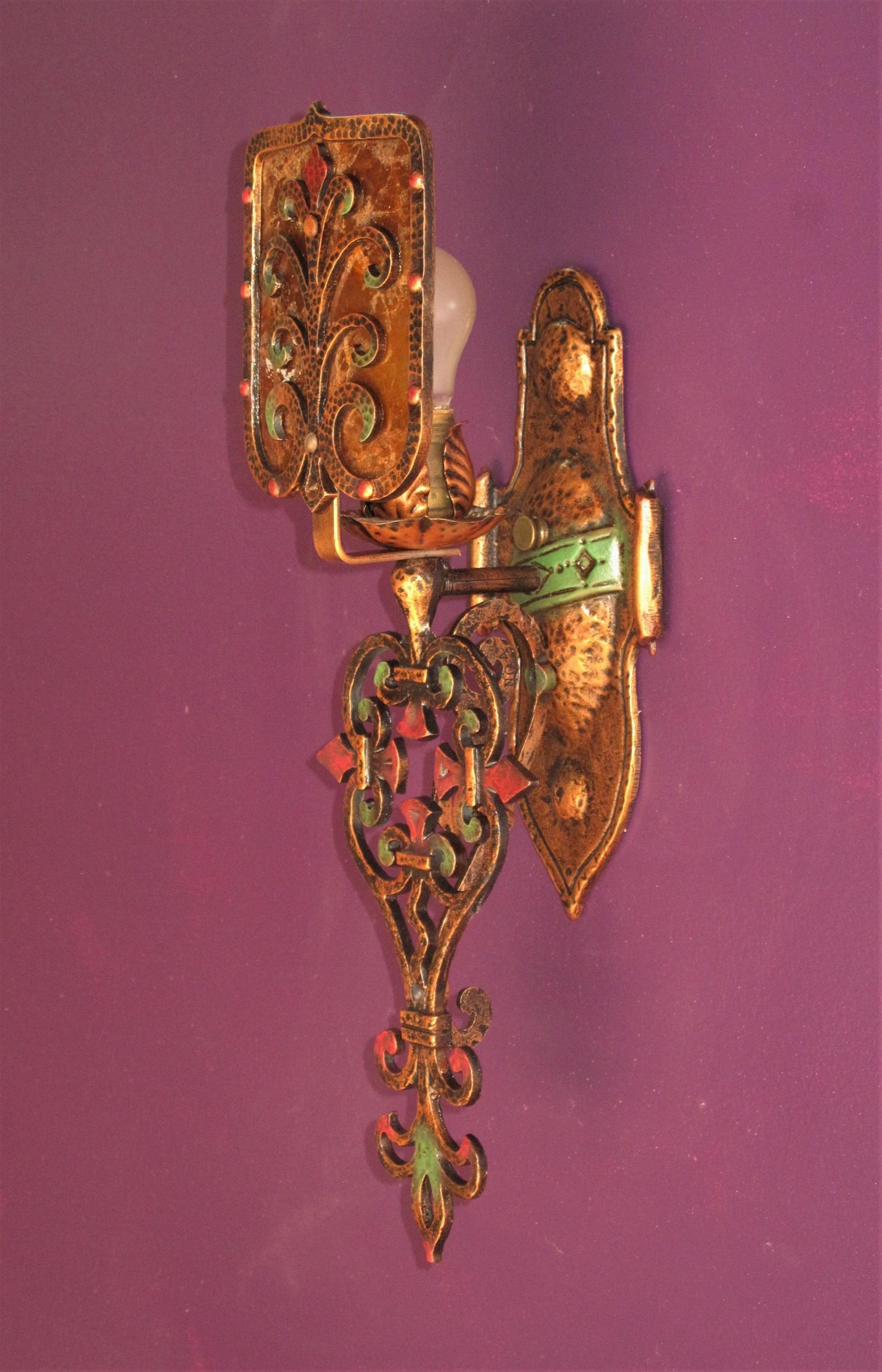 Early 20th Century Pair Large Spanish Revival Sconces with Original Mica Shields For Sale