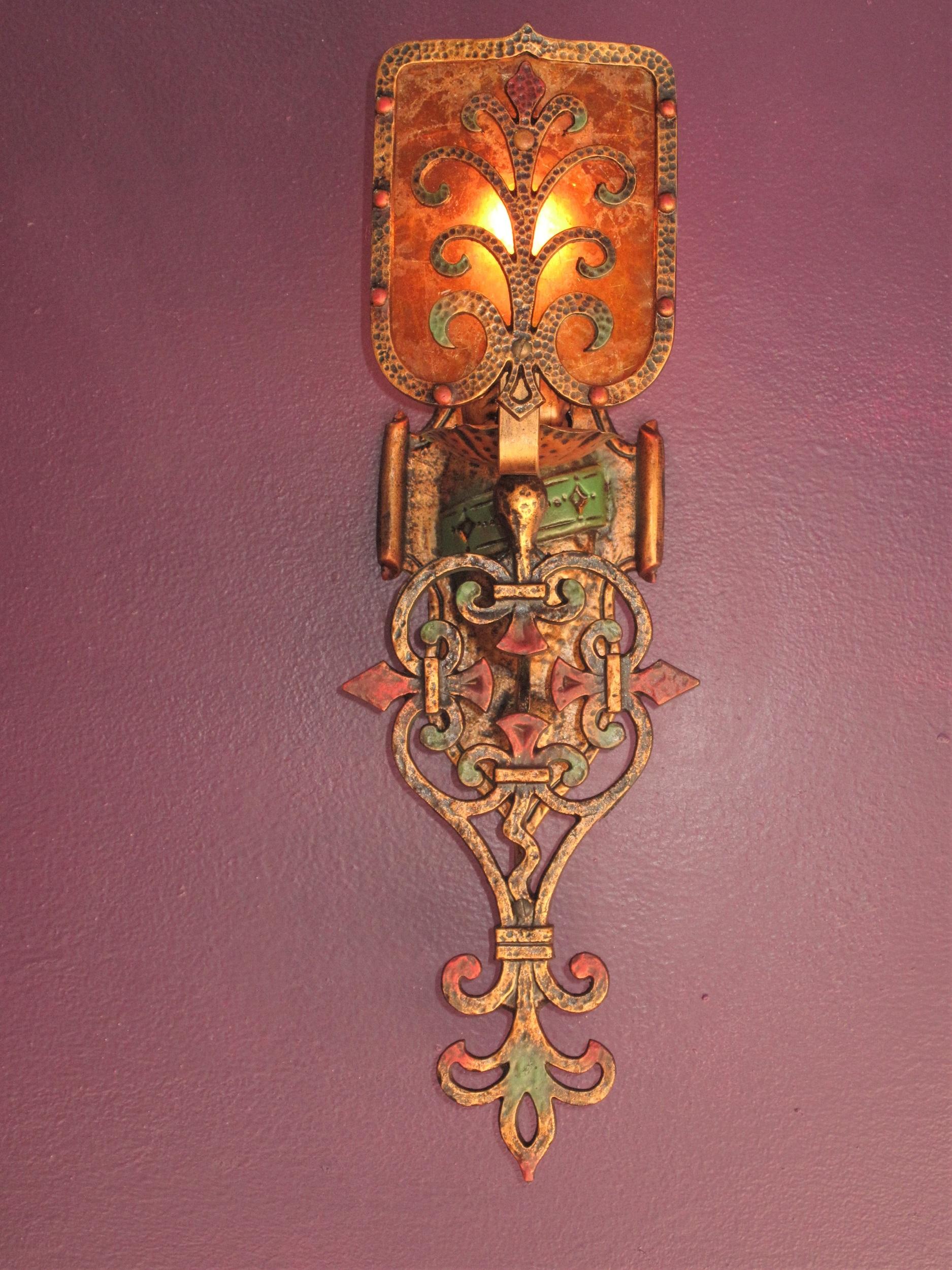 American Pair Large Spanish Revival Sconces with Original Mica Shields For Sale