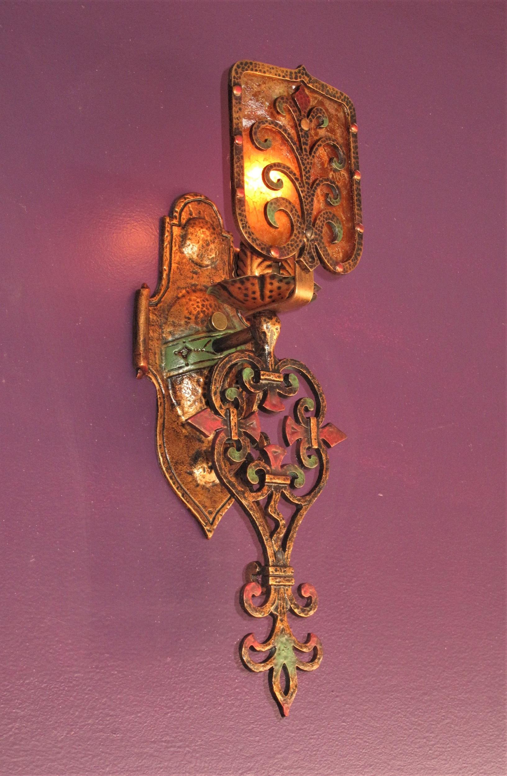 Pair Large Spanish Revival Sconces with Original Mica Shields In Good Condition For Sale In Prescott, US