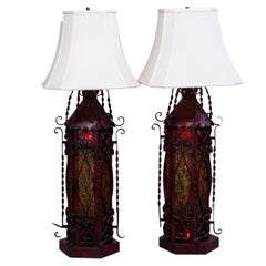 Pair Large Spanish Style Wrought Iron & Amber Glass Table Lamps 20th C