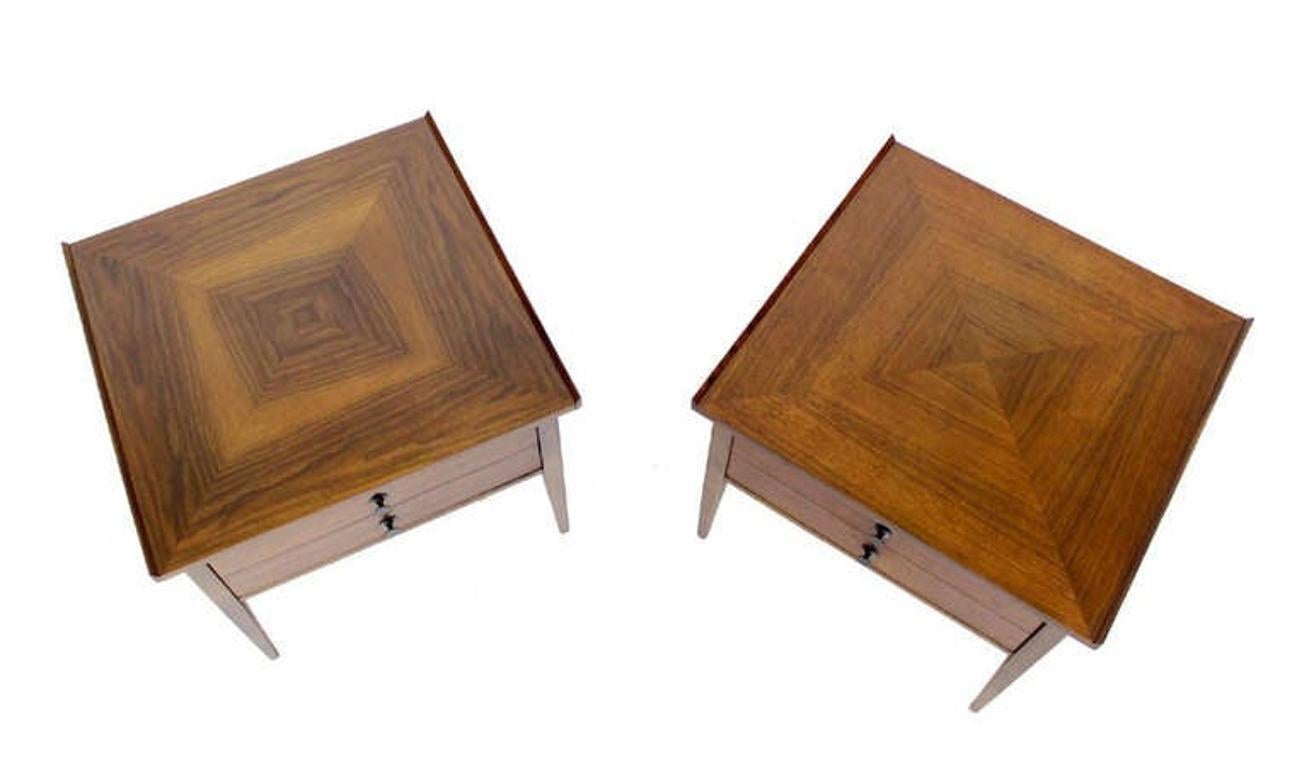 Pair Large Square Raised Rolled Edge One Drawer Danish Mid Century Modern Walnut End Tables Nightstands 