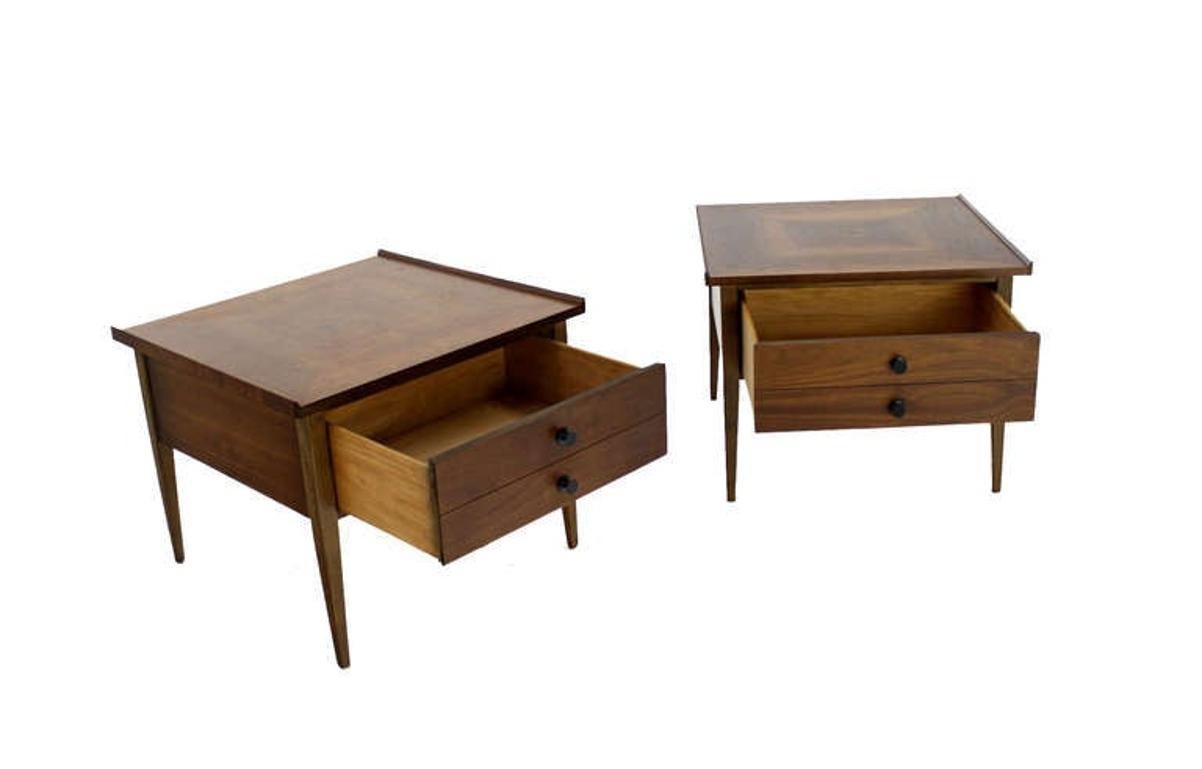 Mid-Century Modern Pair Large Square Raised Rolled Edge Danish Mid Century Modern Walnut End Tables For Sale