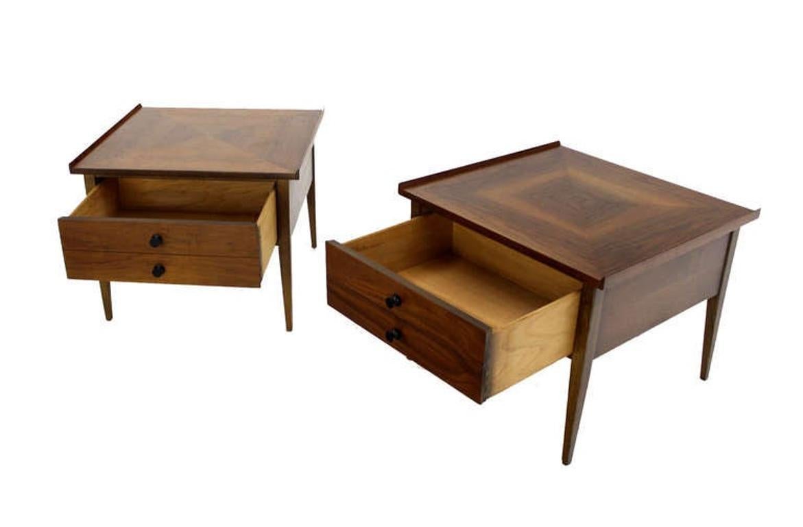 Pair Large Square Raised Rolled Edge Danish Mid Century Modern Walnut End Tables For Sale 2