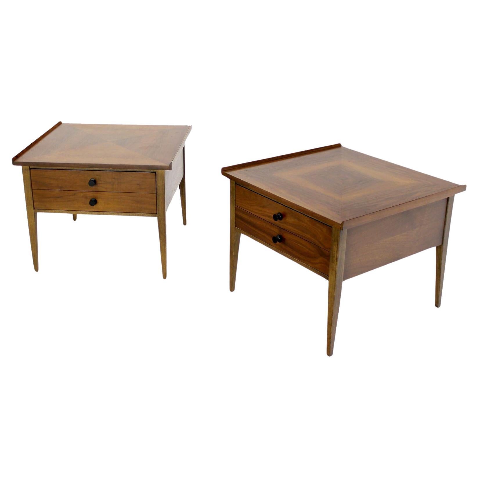 Pair Large Square Raised Rolled Edge Danish Mid Century Modern Walnut End Tables For Sale