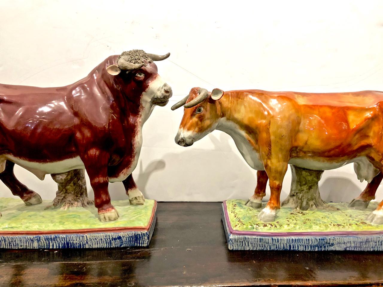Pair of Large Staffordshire Bull and Cow, Early 19th Century For Sale 10