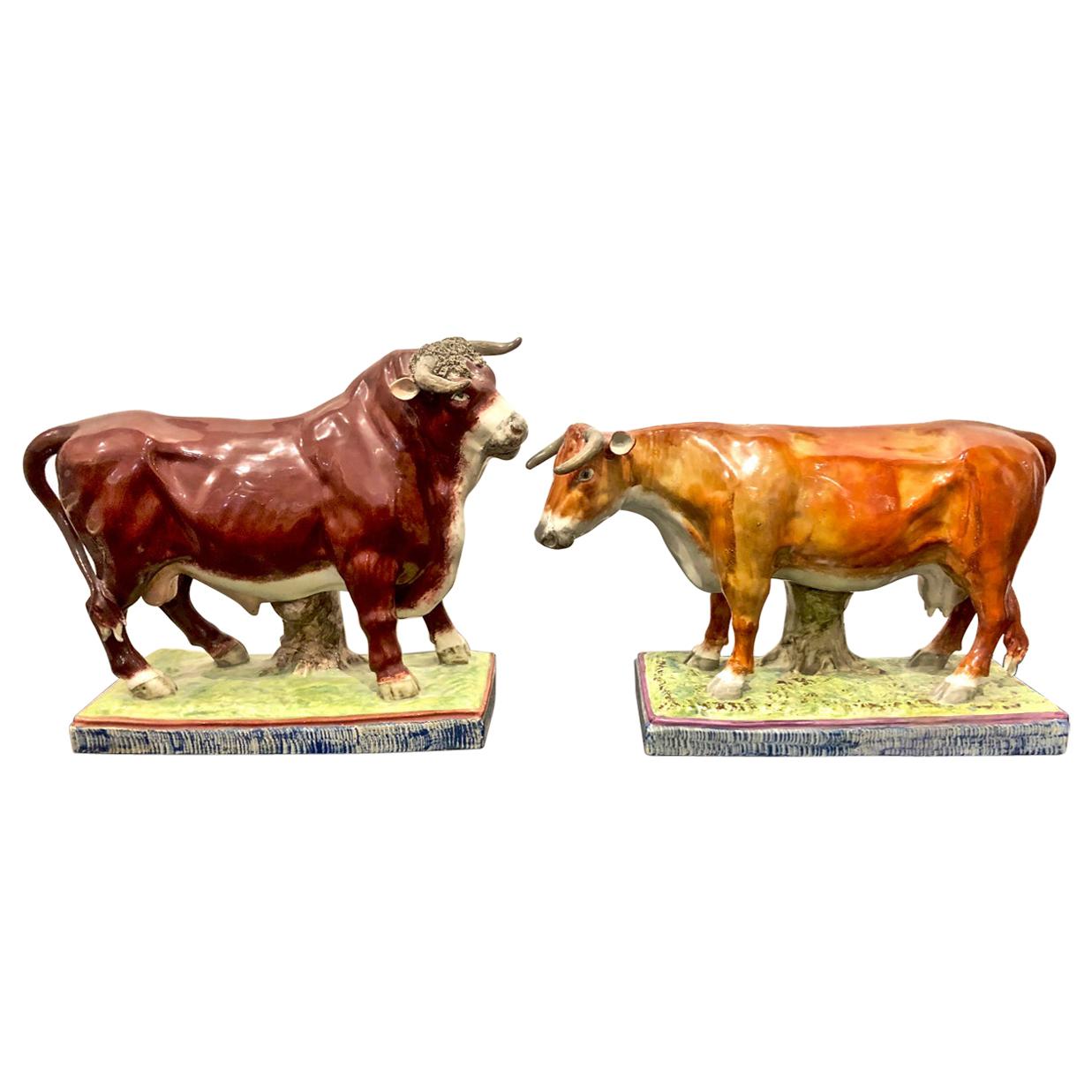 Pair of Large Staffordshire Bull and Cow, Early 19th Century