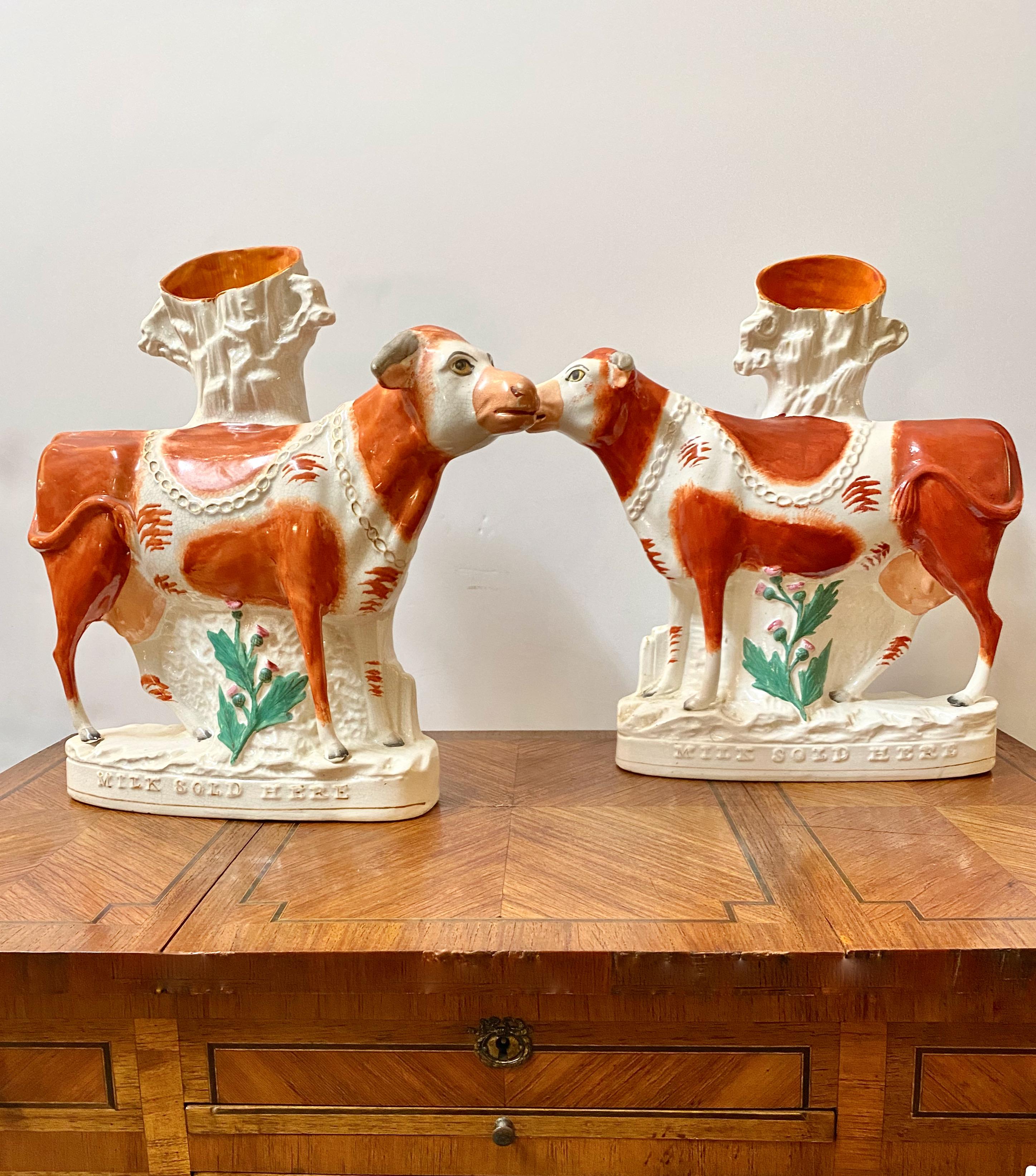 Pair Large Staffordshire Dairy Cow Figures For Sale 8