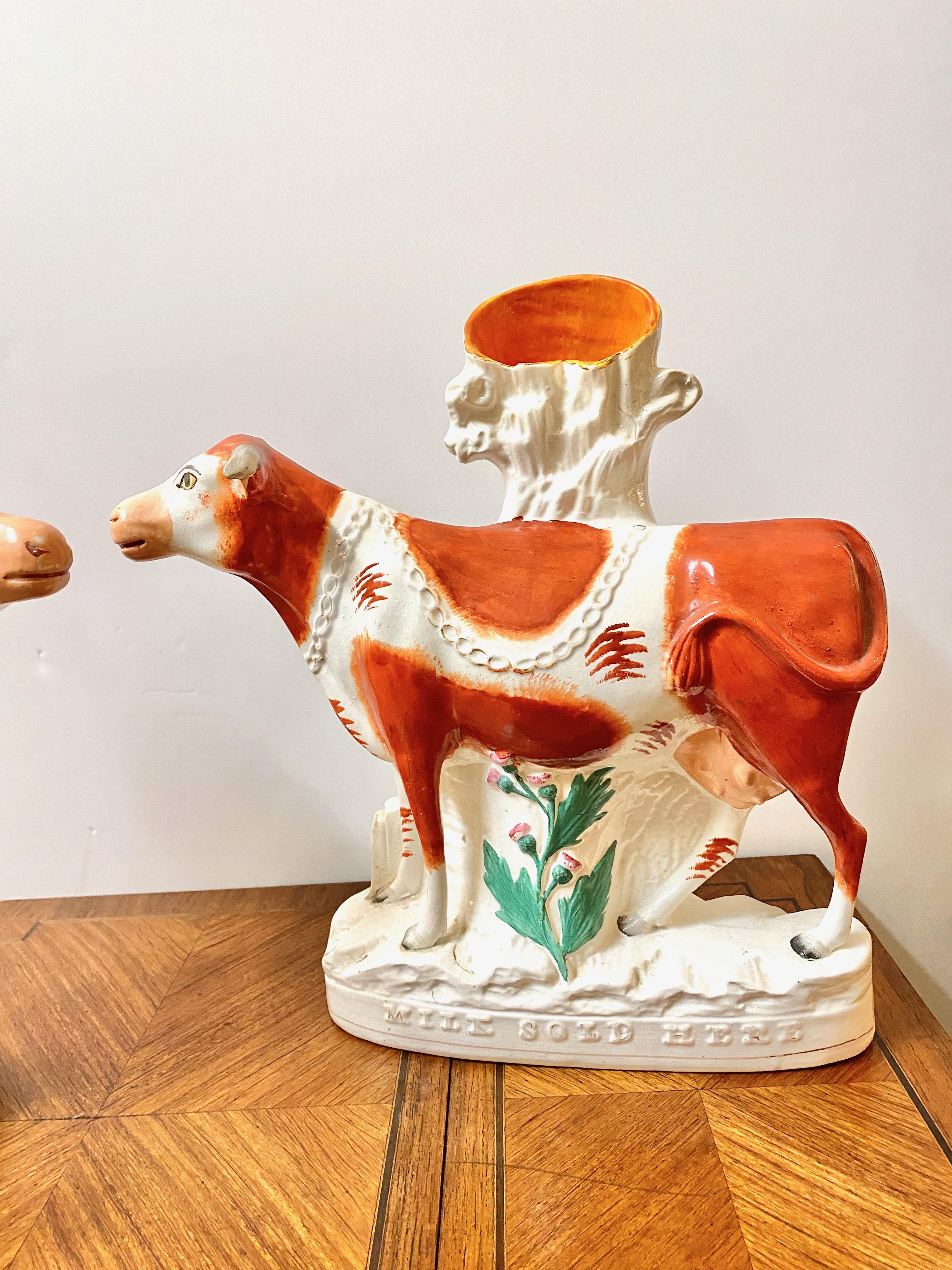 English Pair Large Staffordshire Dairy Cow Figures For Sale