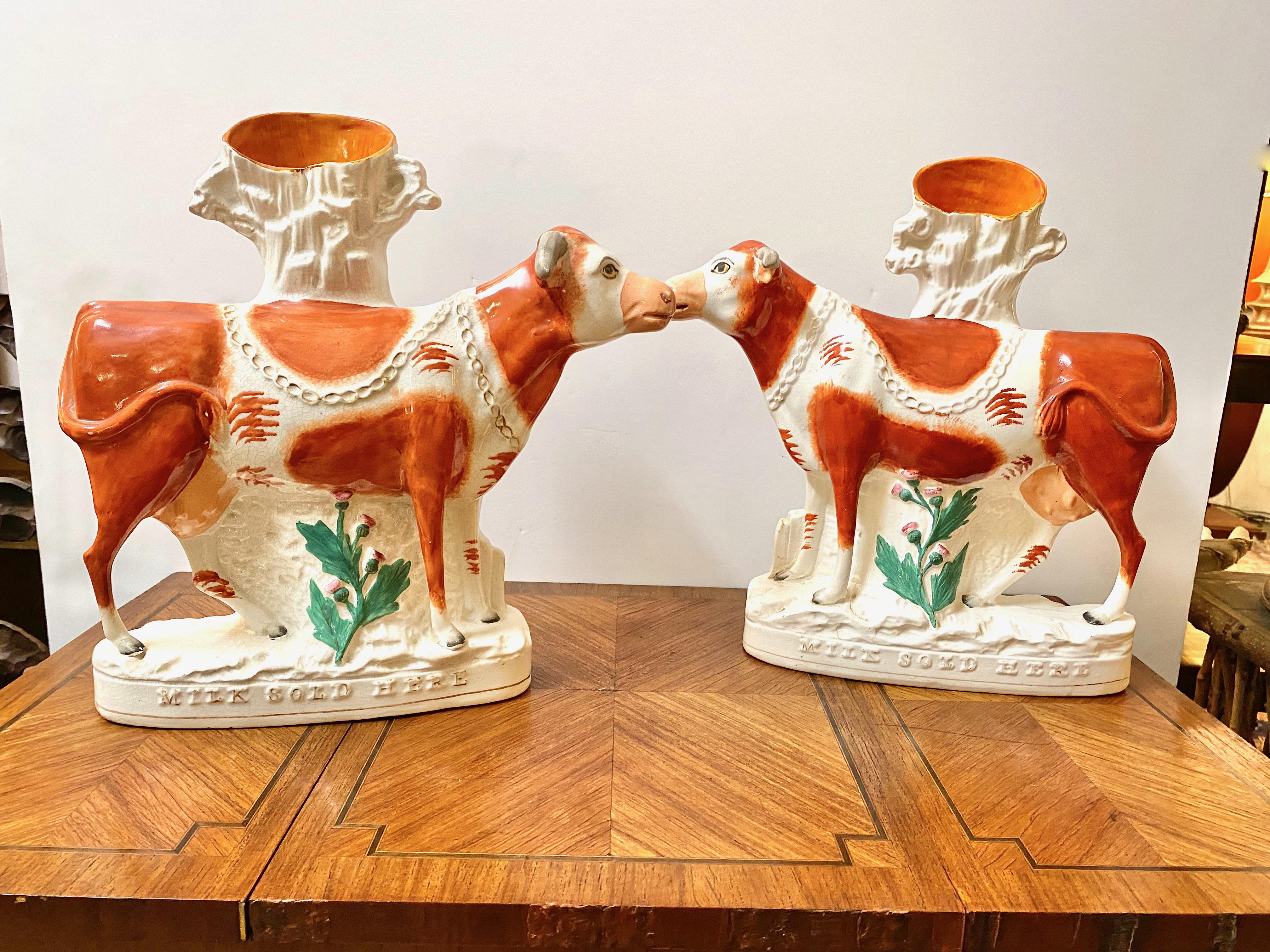 Pottery Pair Large Staffordshire Dairy Cow Figures For Sale