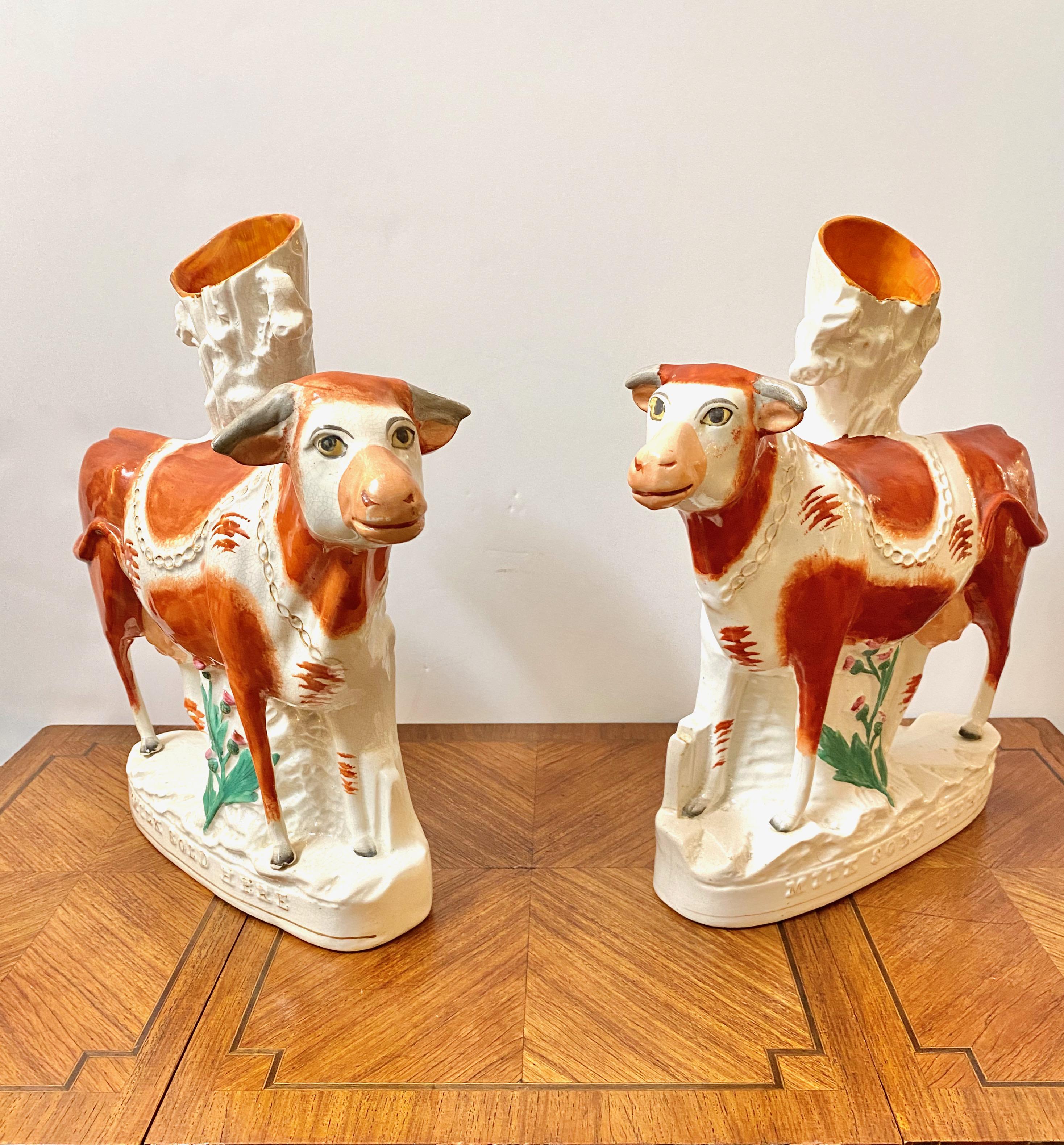Pair Large Staffordshire Dairy Cow Figures For Sale 1