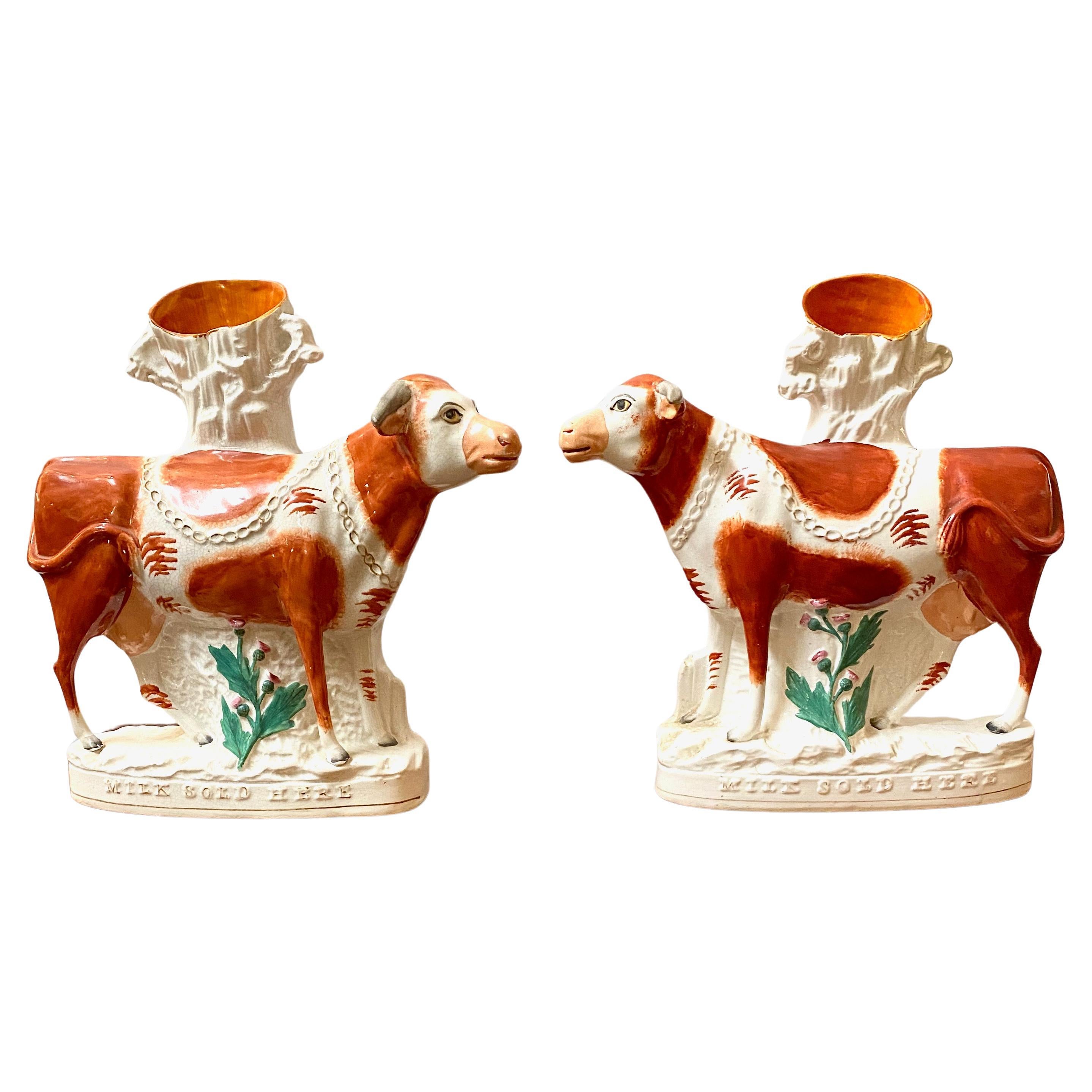 Pair Large Staffordshire Dairy Cow Figures