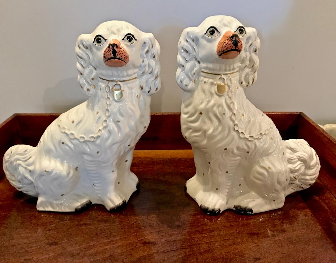 This is a large pair of mid-19th century English Spaniels in white and highlighted with a gold color and leash with a touch of gold to their heads. The dogs measure 12.75 in height and give a great decorative impact.