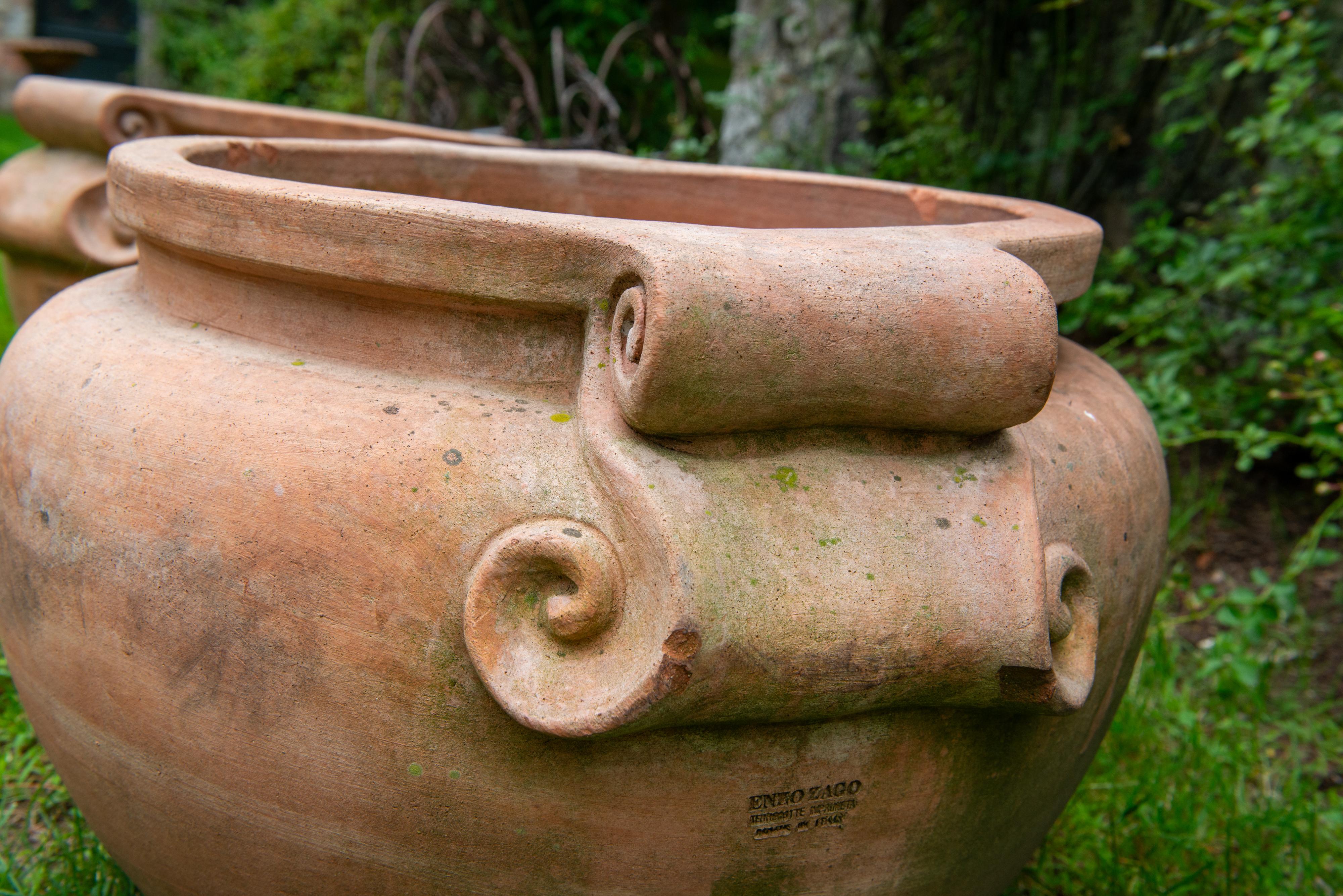 Pair Large Stamped Enzo Zago Terracotta Planters, Italy For Sale 2