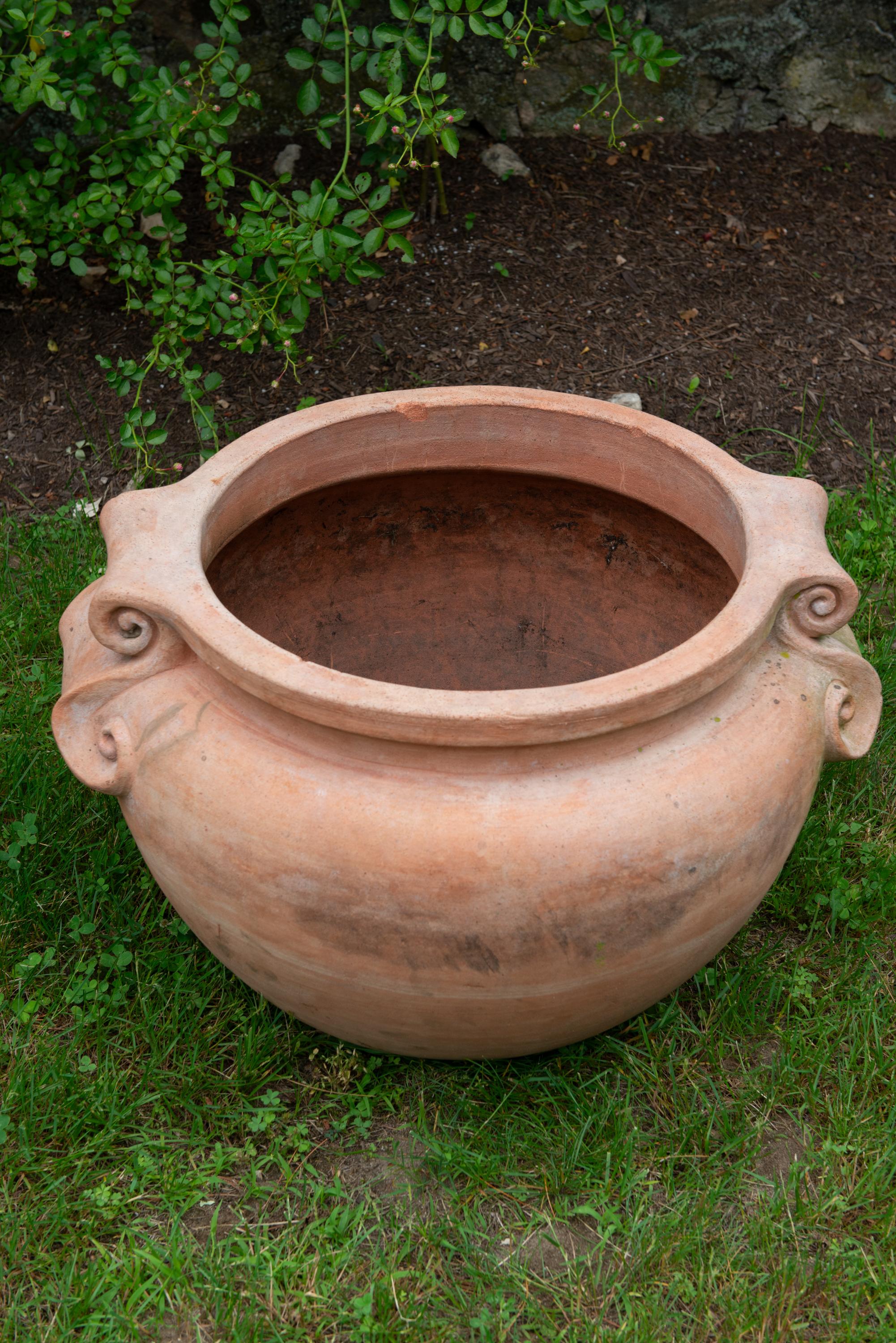 Hand-Crafted Pair Large Stamped Enzo Zago Terracotta Planters, Italy For Sale