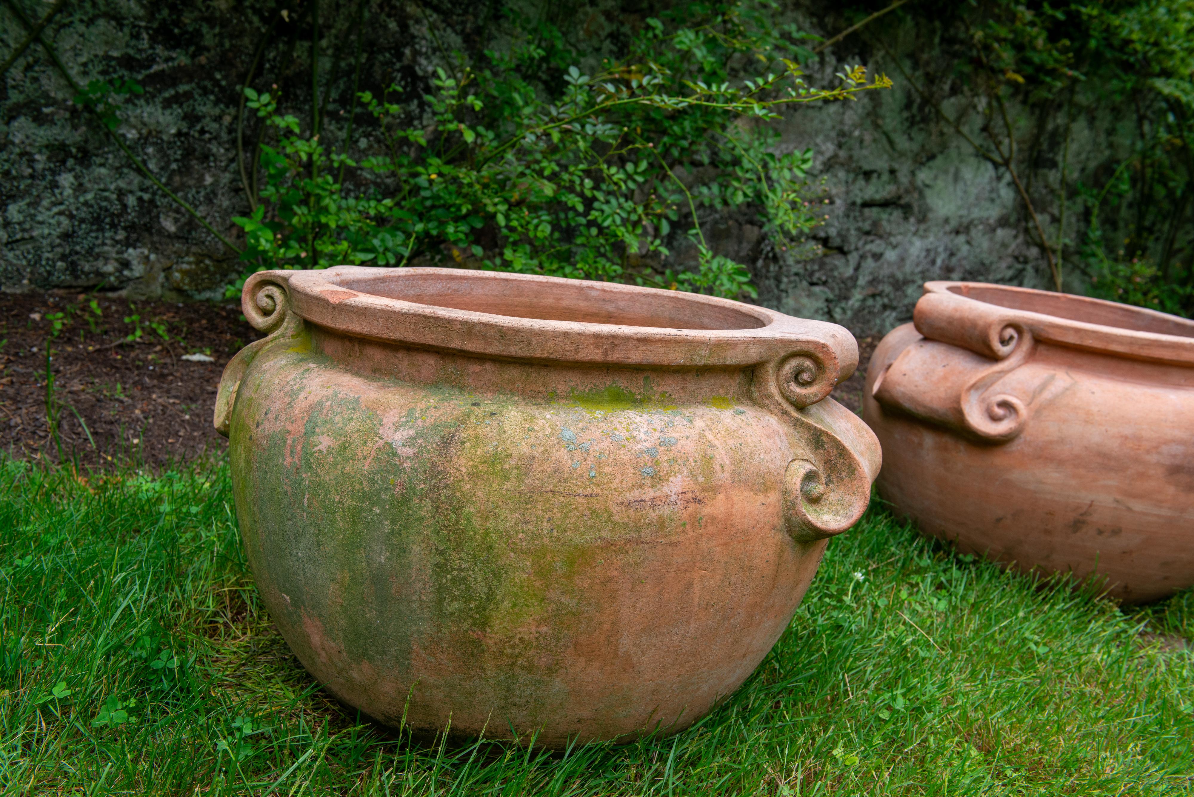 Earthenware Pair Large Stamped Enzo Zago Terracotta Planters, Italy For Sale