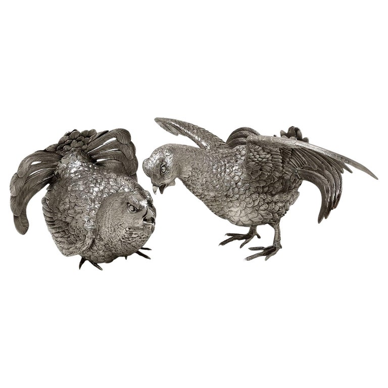 Pair Large Sterling Silver Model Lekking Grouse Bird Figurines London 2008