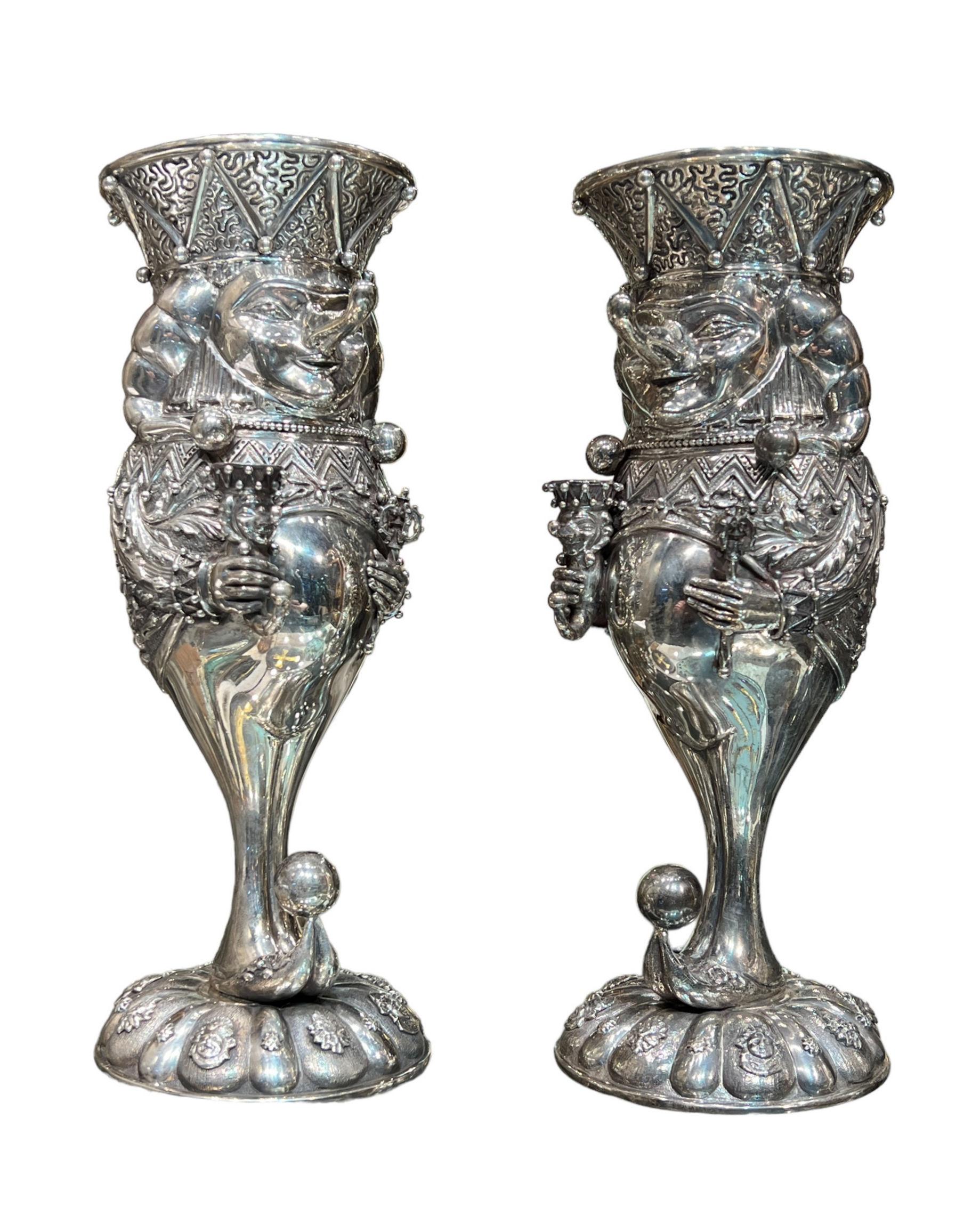 Embossed Pair Large Sterling Silver Petrushka Harlequin Wine Goblets by Mihail Chemiakin  For Sale