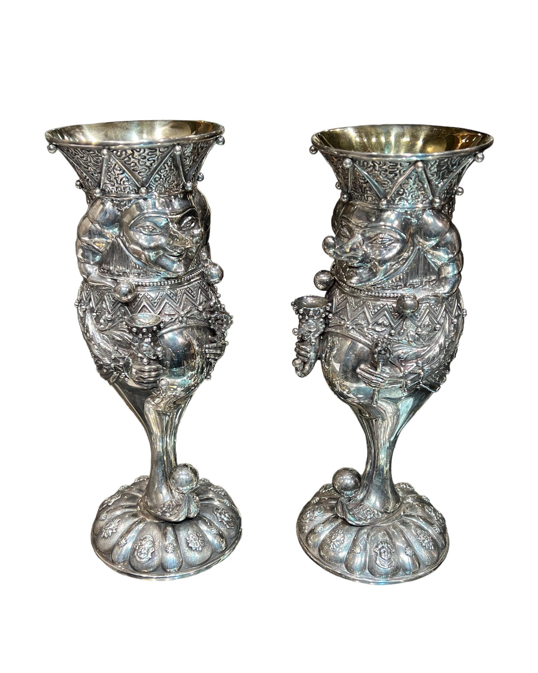 Pair Large Sterling Silver Petrushka Harlequin Wine Goblets by Mihail Chemiakin  In Good Condition For Sale In New York, US