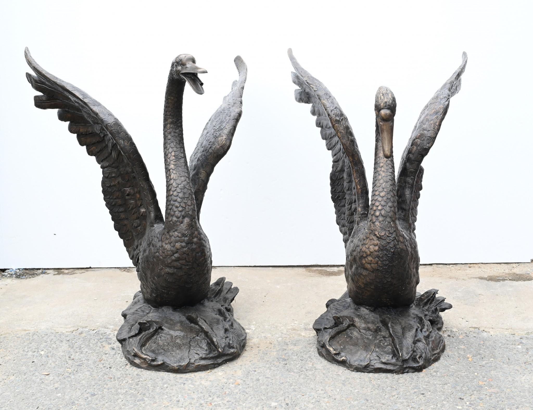 Coppia di grandi statue di cigno
Ciascuna misura 36 pollici di altezza - 93 CM
È ideale per il giardino e, naturalmente, essendo di bronzo, può vivere all'esterno senza paura di arrugginire.
Sarebbe perfetto vicino a uno stagno o a un lago
Se