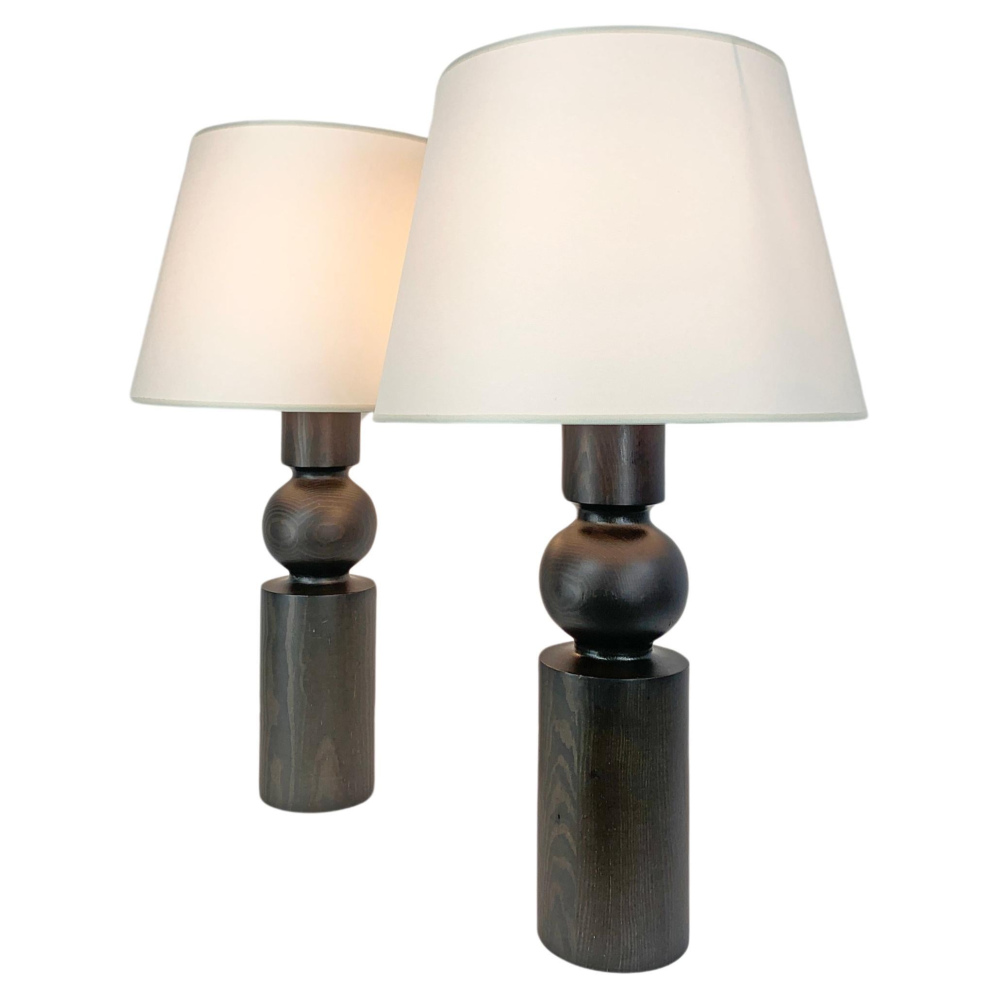 Pair large Table Lamps, Stained solid Pine, Uno Kristiansson, Luxus, Sweden For Sale