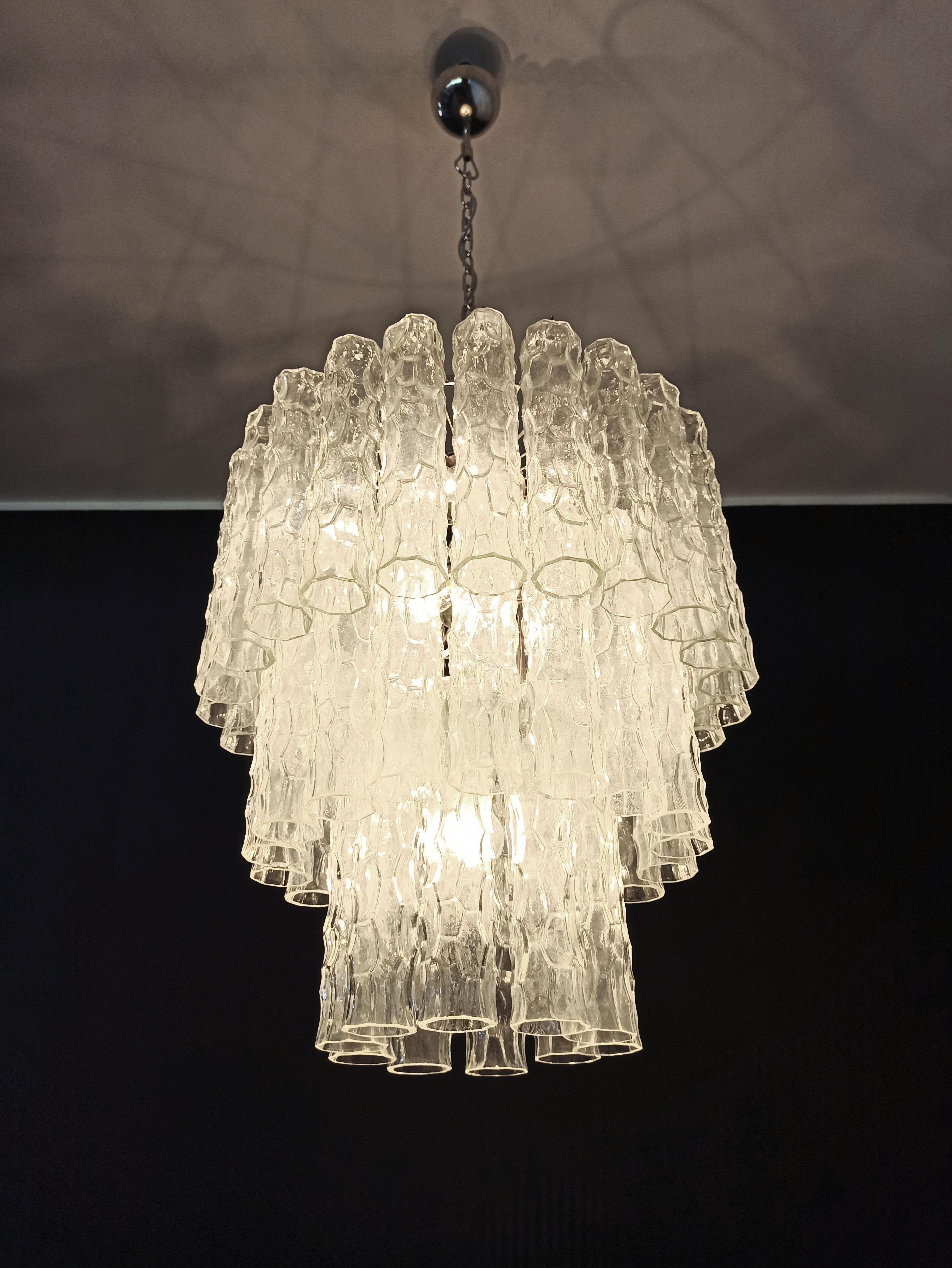 Pair of Large Three-Tier Murano Glass Tube Chandelier For Sale 4
