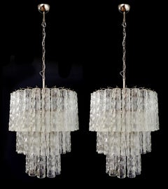 Pareja de grandes candelabros de tubo de cristal de Murano de tres pisos