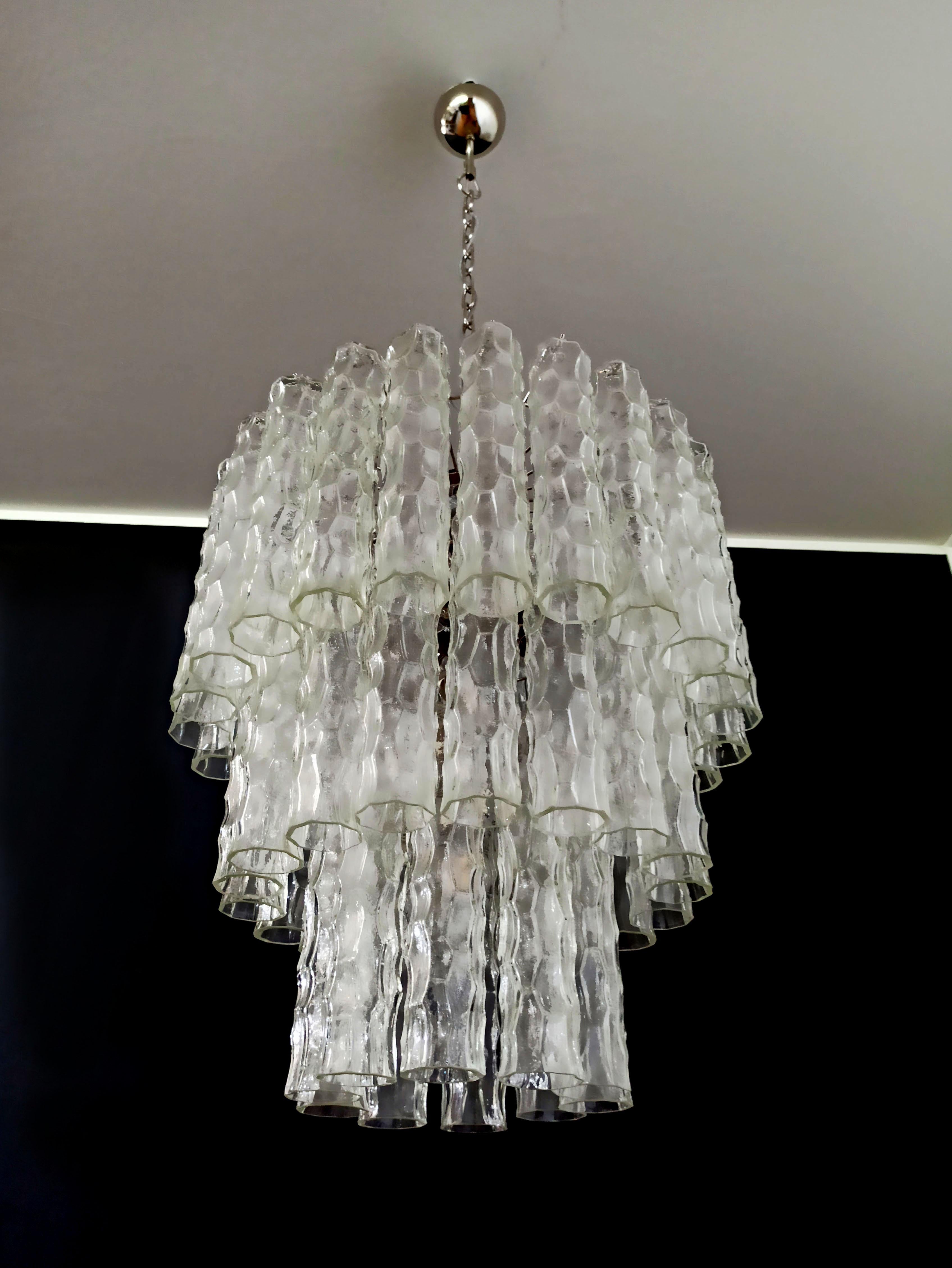 Italian Pair of Large Three-Tier Murano Glass Tube Chandelier For Sale