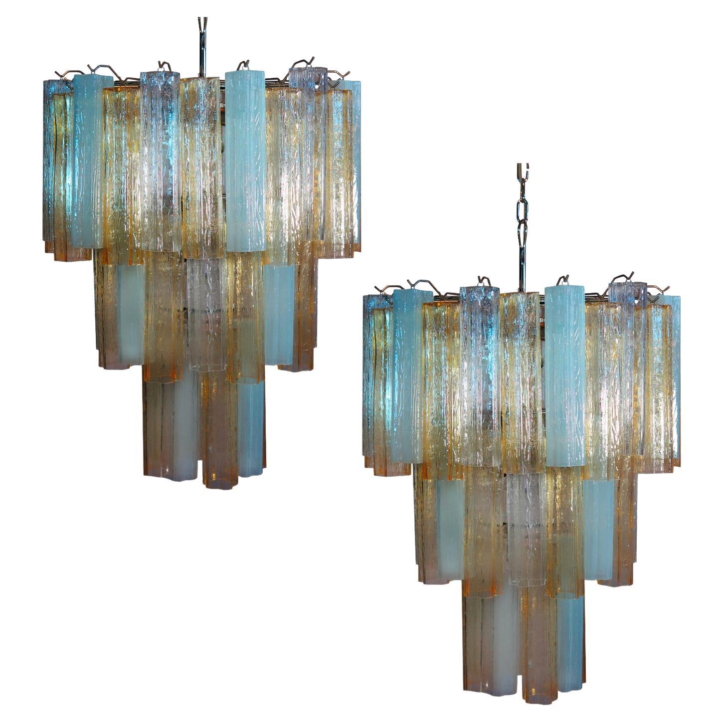 Pair Large Three-Tier Venini Murano Glass Tube Chandelier. 1980s For Sale
