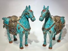 Pair Large Turquoise Painted Enameled Chinese Ceremonial Horses