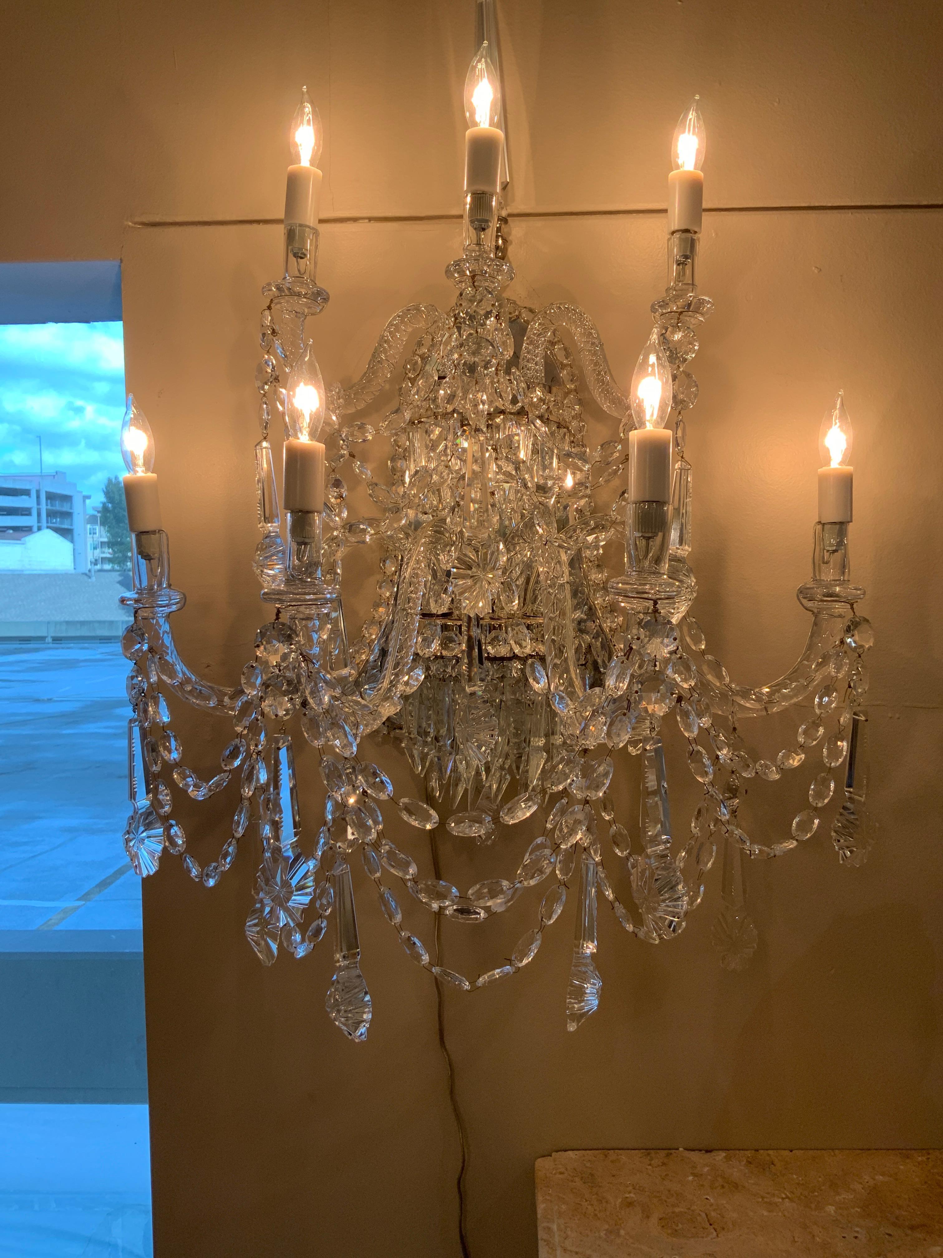 Pair Large Venetian crystal wall sconces, wired , 7 lights each For Sale 5