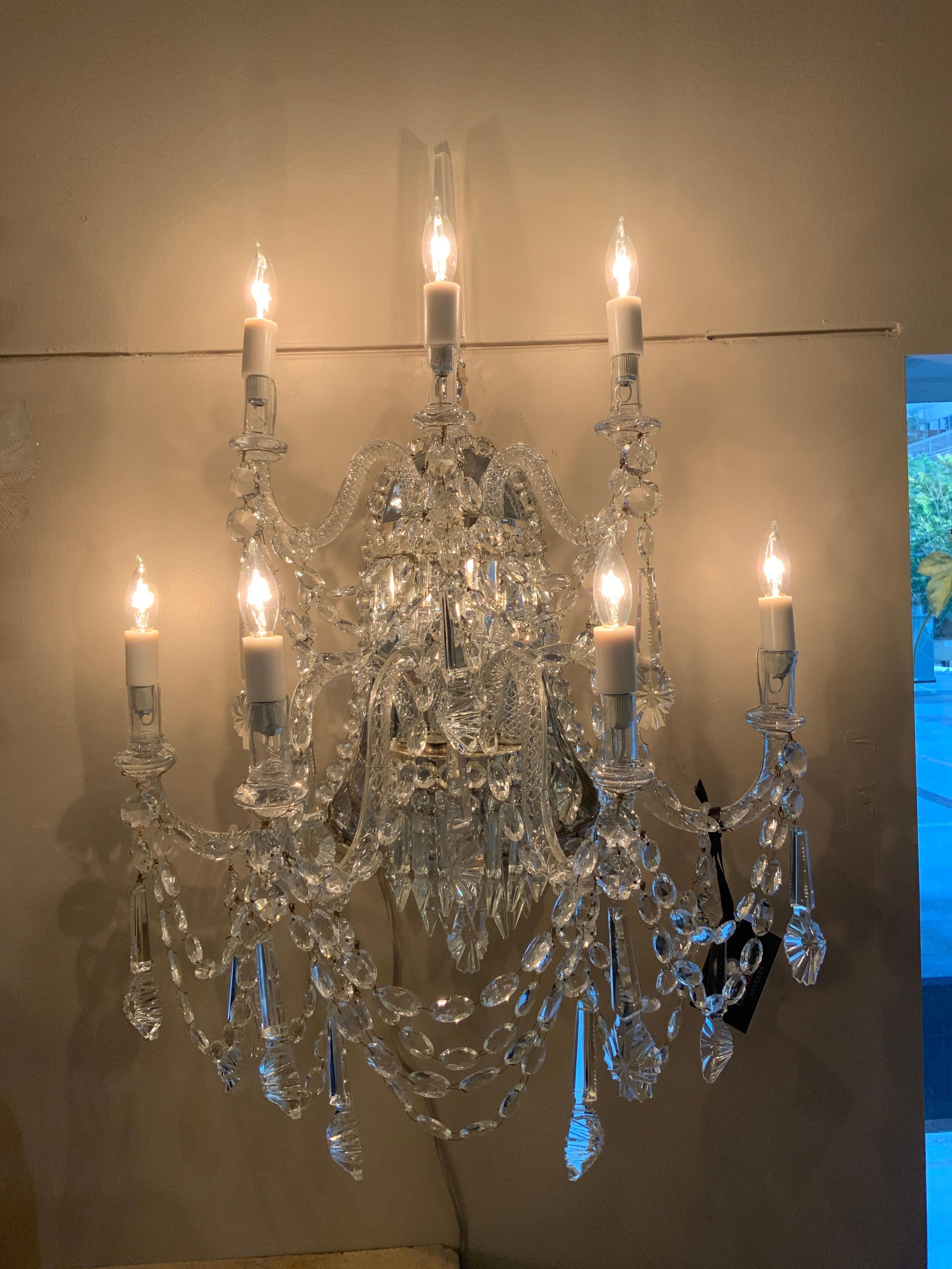 Pair Large Venetian crystal wall sconces, wired , 7 lights each For Sale 6