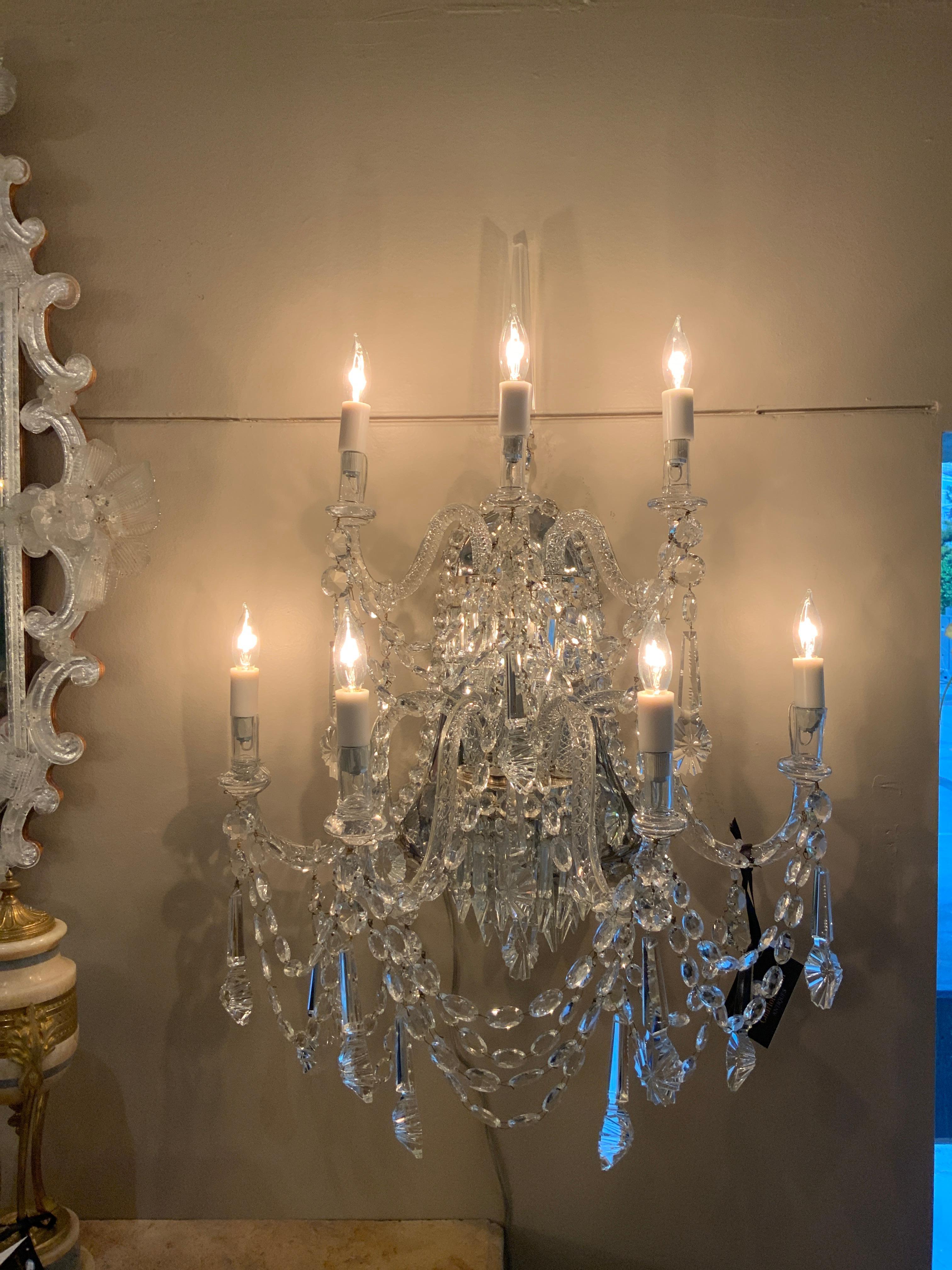 Pair Large Venetian crystal wall sconces, wired , 7 lights each For Sale 7